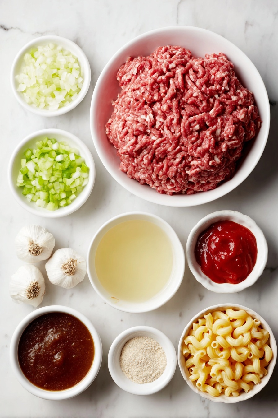 Flat lay of fresh raw ground beef formed into a loose mound, a small white bowl with deep red tomato paste, a small white bowl filled with diced yellow onion, a small white bowl holding diced green bell pepper, a small white bowl containing diced celery stalk, four whole uncracked garlic bulbs cloves arranged neatly, a small white bowl with undrained diced bright red tomatoes, a small white bowl filled with smooth tomato sauce, a small white bowl of rich brown Worcestershire sauce, a small white bowl filled with clear golden chicken broth, a small white bowl holding uncooked elbow macaroni pasta, a small white bowl with pale orange shredded cheddar cheese, small white bowls each containing Italian seasoning, seasoned salt, and garlic powder powders, all ingredients fresh and natural, perfectly balanced and symmetrical arrangement on a simple white ceramic background placed on a clean white marble surface, soft natural light, photo taken with an iPhone, professional food photography style, fresh ingredients, white ceramic bowls, no bottles, no duplicates, no utensils, no packaging --ar 2:3 --v 7 --p m7354615311229779997 - American Chop Suey, easy American Chop Suey, quick American Chop Suey, comforting American Chop Suey, one-pot American Chop Suey