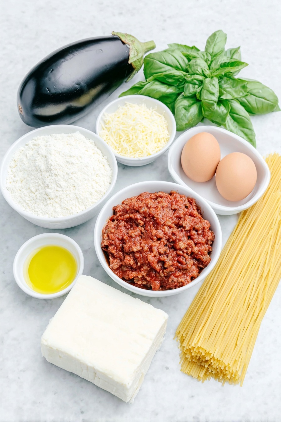 Flat lay of a whole globe eggplant with deep purple glossy skin, a small mound of all-purpose flour in a simple white ceramic bowl, two whole brown eggs with clean shells, a small white bowl filled with golden Japanese panko breadcrumbs, a small white bowl holding neutral light yellow cooking oil, a block of fresh white mozzarella cheese, a neat bundle of uncooked spaghetti pasta strands, a small white bowl of rich red homemade meat sauce, a small white bowl with finely grated Parmigiano-Reggiano cheese, and a few fresh bright green basil sprigs, all placed on a clean white marble surface, soft natural light, photo taken with an iPhone, professional food photography style, fresh ingredients, white ceramic bowls, no bottles, no duplicates, no utensils, no packaging --ar 2:3 --v 7 --p m7354615311229779997 - Eggplant Parmesan Spaghetti with Meat Sauce, gluten-free eggplant pasta, Italian comfort food recipes, easy eggplant spaghetti, hearty meat sauce dishes