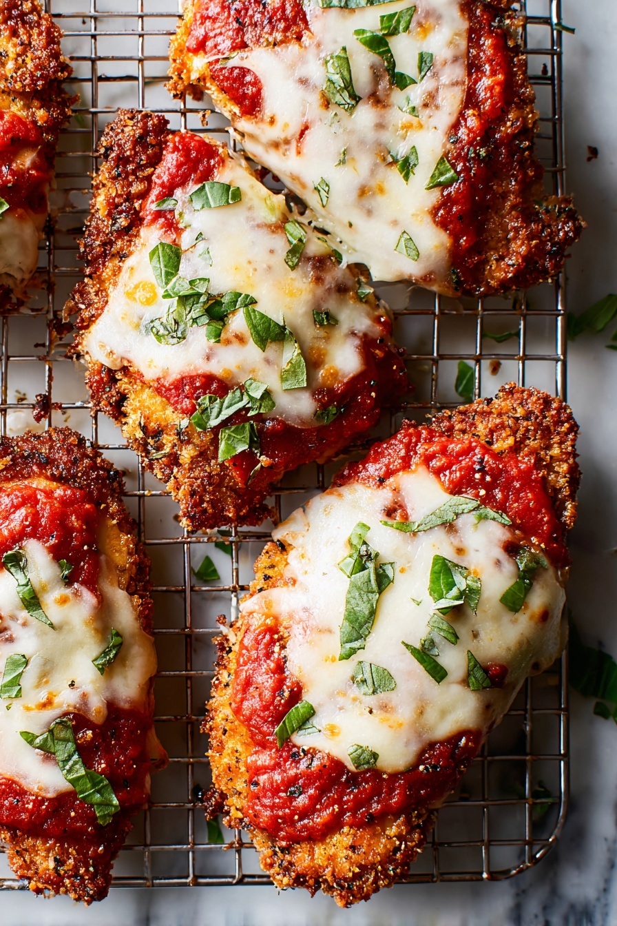 The image shows four pieces of crispy fried chicken topped with a bright red tomato sauce layer and a thick layer of melted white cheese that has slight golden spots from baking. Each piece is garnished with fresh green chopped herbs scattered on top. The chicken pieces sit on a silver wire rack, and beneath it is a white marbled surface. The texture of the chicken is crunchy and golden brown around the edges, while the cheese is smooth and creamy with a slightly bubbly appearance. photo taken with an iphone --ar 2:3 --v 7 - Easy Chicken Parmesan, chicken parmesan recipe, cheesy chicken parmesan, homemade chicken parmesan, simple chicken parmesan