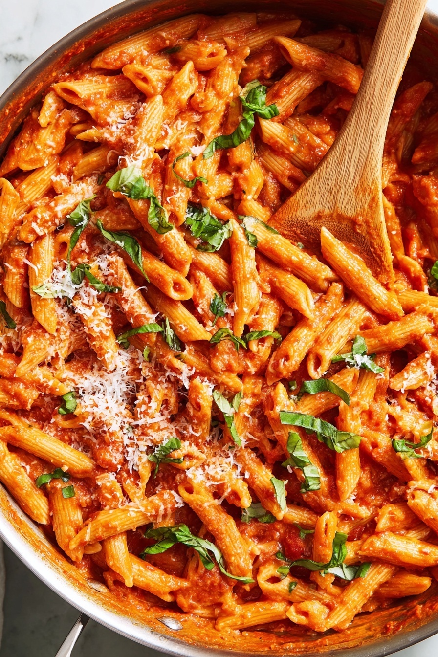 A close-up view of cooked penne pasta covered in a thick, bright red-orange tomato sauce, mixed well in a large pan. The penne pieces have a slightly glossy texture showing they are coated nicely with the sauce. Fresh green basil leaves are scattered on top in small torn pieces, adding a fresh pop of color. Grated white cheese is sprinkled evenly over the pasta, creating small soft white patches above the sauce. A wooden spoon rests inside the pan, partially covered by the pasta, ready to serve. The whole scene sits on a white marbled surface providing a clean, bright background photo taken with an iphone --ar 2:3 --v 7 - Penne Alla Vodka with Cream, Penne Alla Vodka, Creamy vodka pasta, Easy penne pasta recipes, Italian pasta dishes