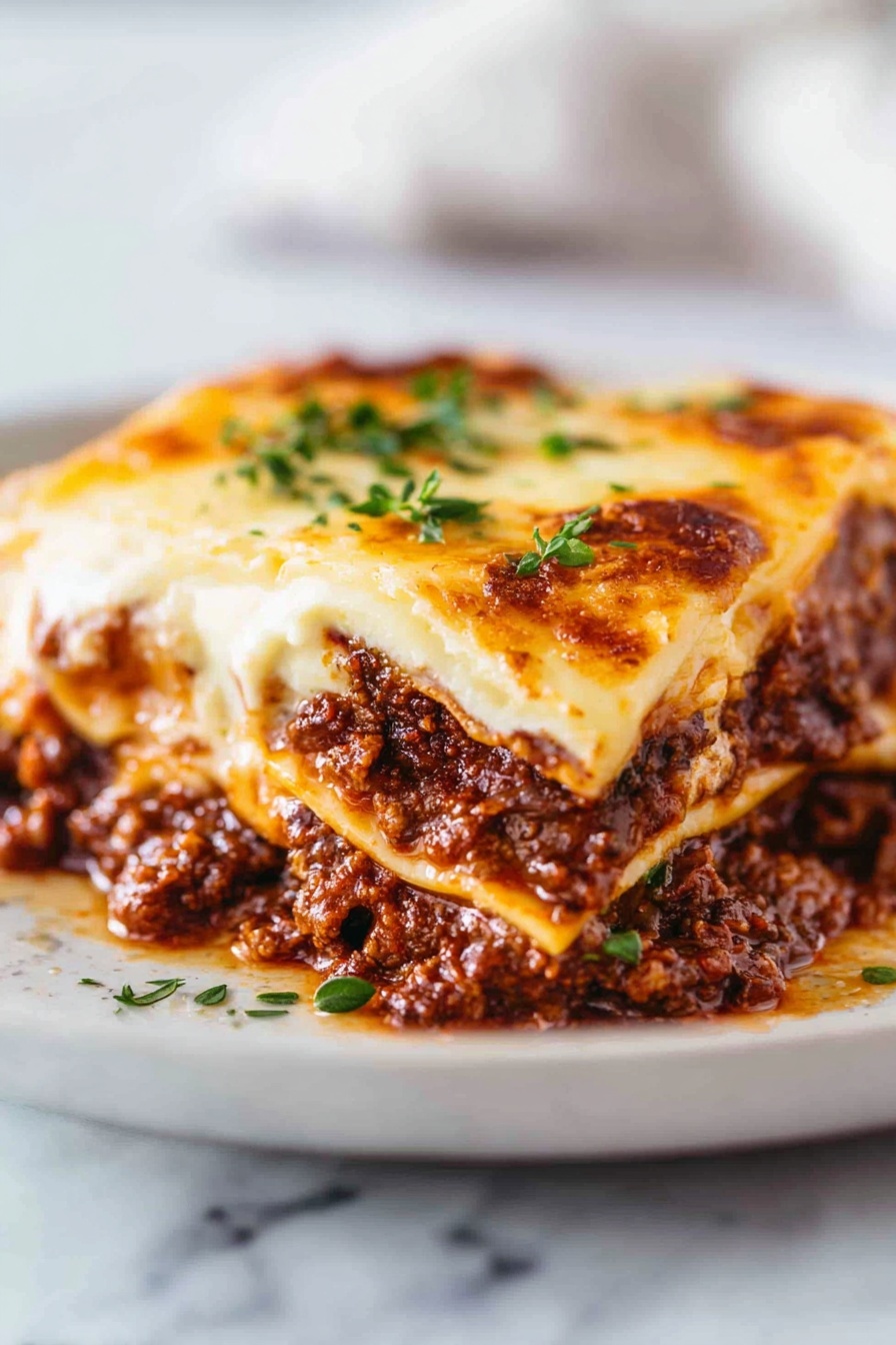 A white rectangular dish filled with a baked lasagna showing a top layer of golden-brown melted cheese with darker toasted spots and fresh green basil strips scattered on top. The dish is placed on a white marbled surface, with a white and blue checkered cloth partially visible at the top right corner. The cheese layer looks bubbly and slightly crispy in some areas. Photo taken with an iphone --ar 2:3 --v 7 - Classic Beef Lasagna with Cheese Sauce, homemade beef lasagna, cheesy beef lasagna recipe, easy lasagna with cheese sauce, hearty Italian lasagna