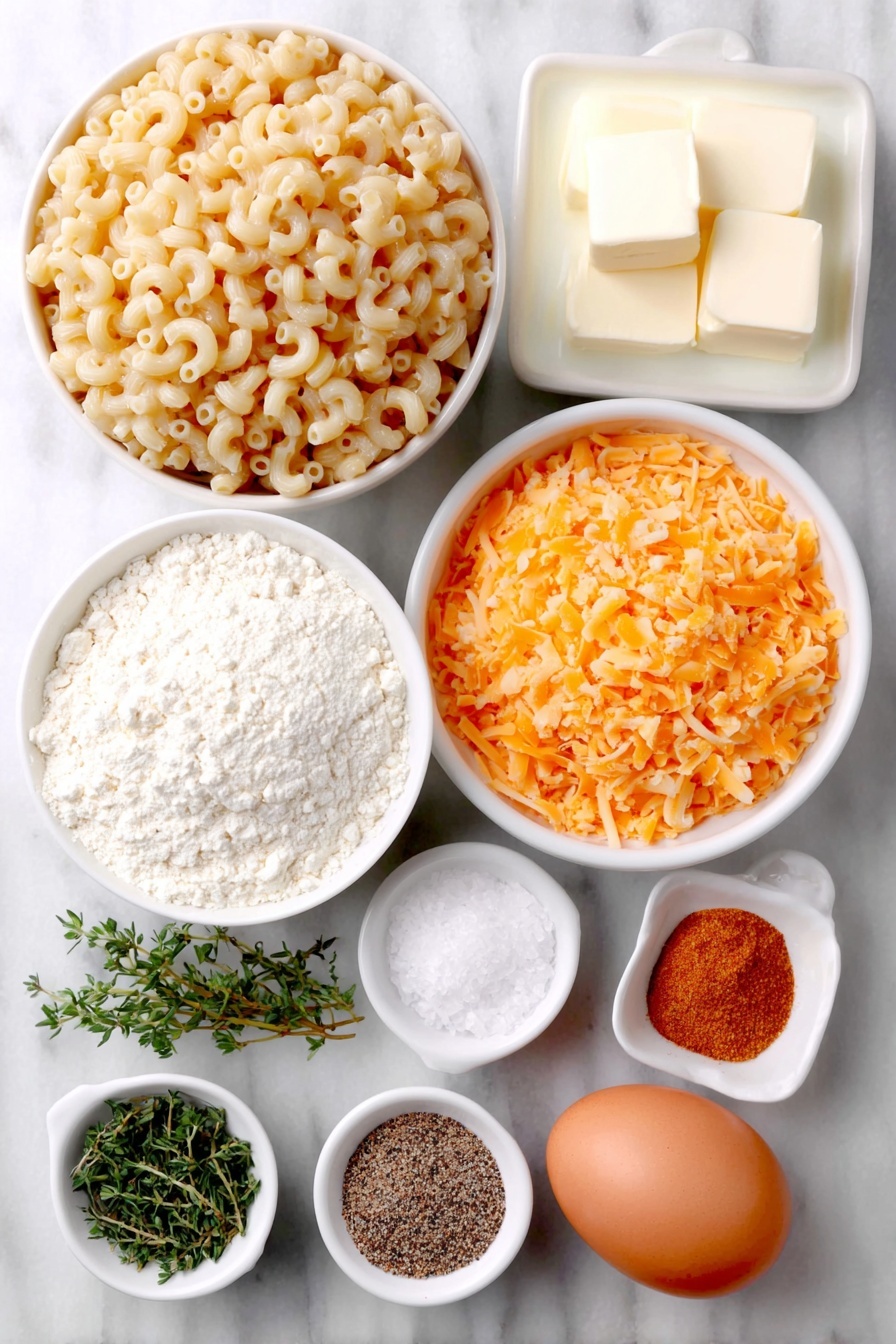 Flat lay of dried elbow macaroni in a neat mound, a single whole brown egg with clean shell, a small white ceramic bowl of salted butter cubes, a small white ceramic bowl filled with pale all-purpose flour, a small white ceramic bowl holding creamy whole milk, a small white ceramic bowl containing bright yellow dry mustard powder, a simple pile of grated mixed cheeses including cheddar, jack, and fontina with orange, white, and pale yellow hues, and small white ceramic bowls each with kosher salt crystals, seasoned salt, ground black pepper, and a blend of cayenne pepper, paprika, and fresh thyme sprigs arranged symmetrically, placed on a clean white marble surface, soft natural light, photo taken with an iPhone, professional food photography style, fresh ingredients, white ceramic bowls, no bottles, no duplicates, no utensils, no packaging --ar 2:3 --v 7 --p m7354615311229779997 - Creamy Baked Macaroni and Cheese, cheesy baked pasta, homemade mac and cheese, creamy cheese sauce recipe, comfort food favorites