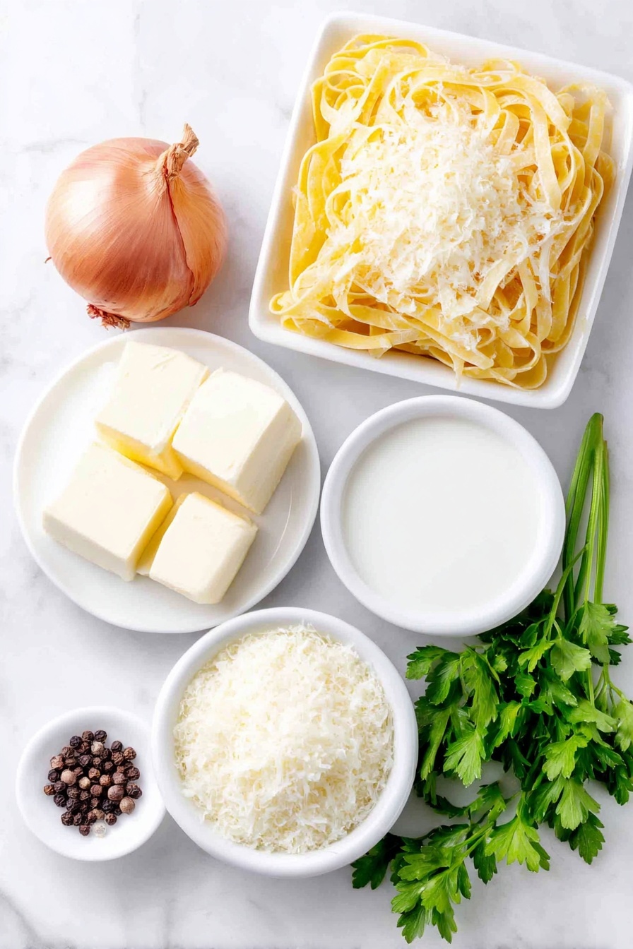 Flat lay of a small nest of dried fettuccine pasta, a few pats of golden unsalted butter on a simple white ceramic plate, a single small shallot with its purple-tinged skin intact, a small white ceramic bowl filled with smooth heavy cream, a small white ceramic bowl heaped with finely grated Parmigiano Reggiano cheese, a tiny pinch of coarse salt crystals on a white ceramic spoon rest (used just as a surface, not a utensil), several cracks of whole black peppercorns scattered neatly on the surface, and a few sprigs of fresh vibrant green parsley, all arranged in perfect symmetry on a clean white marble surface, soft natural light, photo taken with an iPhone, professional food photography style, fresh ingredients, white ceramic bowls, no bottles, no duplicates, no utensils, no packaging --ar 2:3 --v 7 --p m7354615311229779997 - Creamy Fettuccine Alfredo, authentic Italian pasta, homemade Alfredo sauce, easy pasta recipes, rich Italian fettuccine dinner