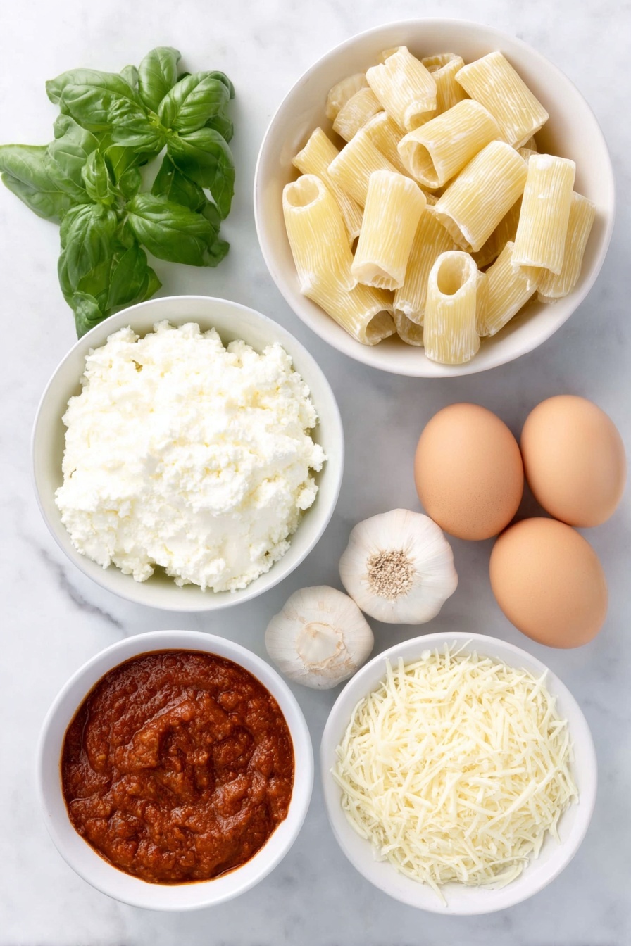 Flat lay of uncooked manicotti pasta shells arranged neatly, a small white bowl of olive oil, a mound of fresh ricotta cheese, four whole garlic bulbs cloves separated but unpeeled, shredded mozzarella cheese in a small white ceramic bowl, grated parmesan cheese in a small white bowl, a small bunch of fresh basil leaves, two large whole brown eggs with clean shells, and a small white bowl filled with bright red marinara sauce, all placed on a clean white marble surface, soft natural light, photo taken with an iPhone, professional food photography style, fresh ingredients, white ceramic bowls, no bottles, no duplicates, no utensils, no packaging --ar 2:3 --v 7 --p m7354615311229779997 - Three Cheese Manicotti Bake, cheesy manicotti casserole, Italian baked pasta, cheesy manicotti recipe, family-friendly Italian dinner