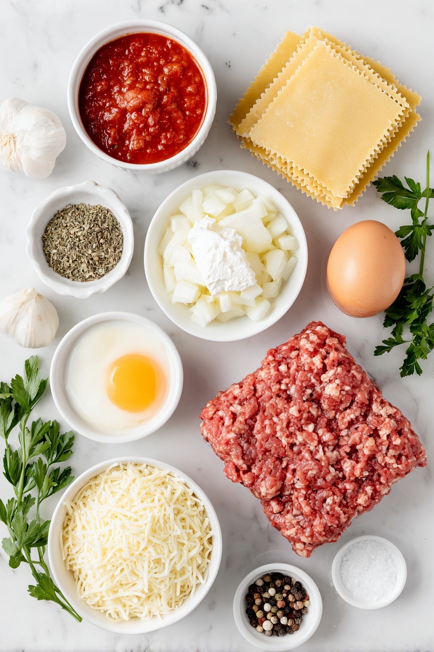 Flat lay of fresh uncooked lasagna noodles arranged in a neat bundle, a small white ceramic bowl filled with bright red marinara sauce, a handful of raw ground beef with a deep red color and marbled texture, a small white bowl of finely diced white onion, three garlic cloves with papery skins intact, a small white bowl containing coarse sea salt crystals, a small white bowl with whole black peppercorns, a small white bowl with dried oregano leaves, a generous scoop of smooth white ricotta cheese on a simple white plate, one whole large brown egg with a clean shell, a small white bowl of finely shredded pale yellow parmesan cheese, a small white bowl filled with shredded white mozzarella cheese, and a few sprigs of fresh green parsley placed with care, all placed on a clean white marble surface, soft natural light, photo taken with an iPhone, professional food photography style, fresh ingredients, white ceramic bowls, no bottles, no duplicates, no utensils, no packaging --ar 2:3 --v 7 --p m7354615311229779997 - Cheesy Beef Lasagna Roll-Ups, cheesy beef lasagna roll-ups, Italian lasagna roll-ups, easy beef and cheese roll-ups, homemade lasagna roll-ups