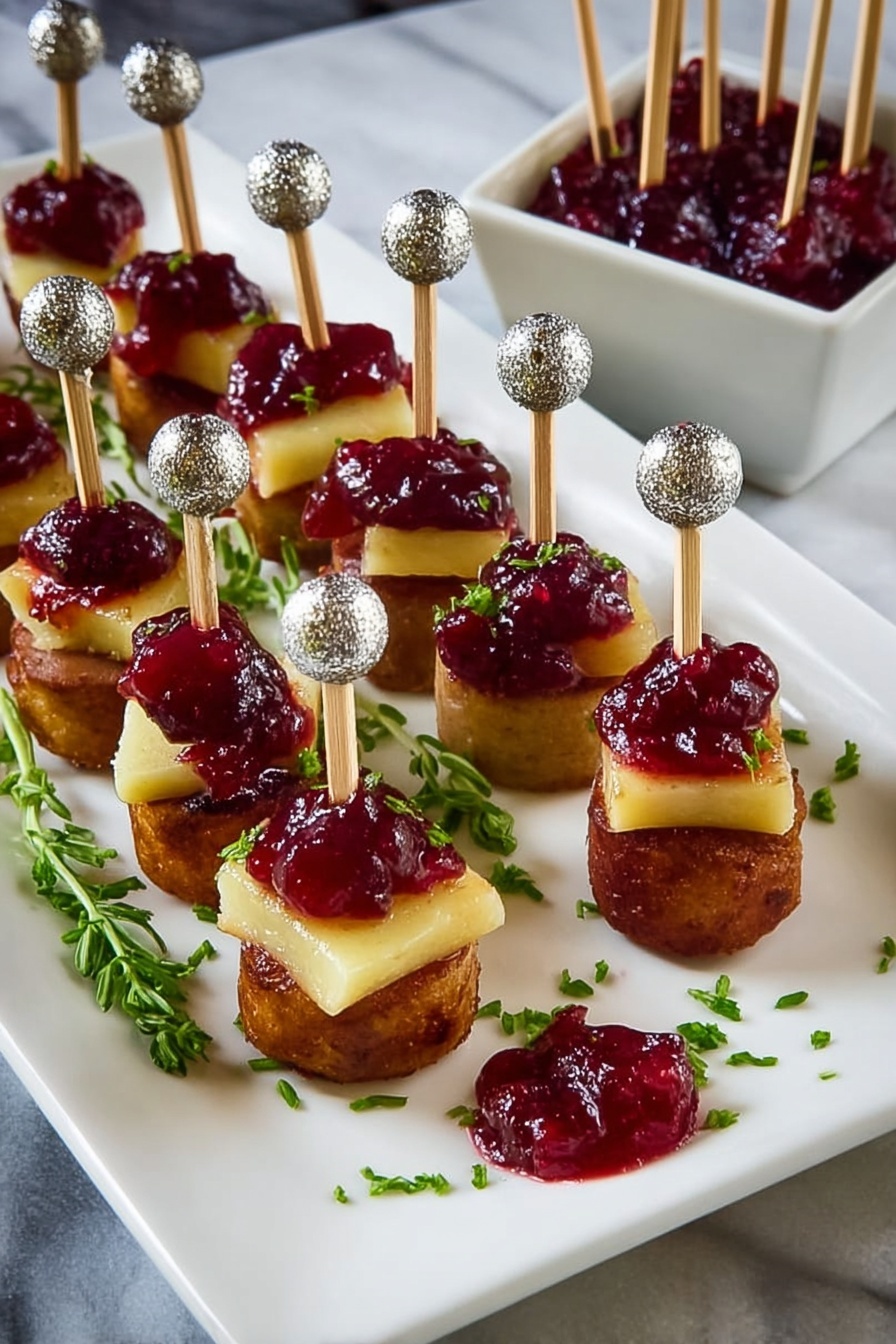 A white rectangular plate on a white marbled surface holds three rows of bite-sized snacks, each made of a bottom round layer of golden brown sausage, topped with a square layer of pale yellow cheese, and finished with a dollop of deep red cranberry sauce. Each snack is secured with a small wooden skewer topped with a shiny silver bead. Some parsley flakes are sprinkled on the plate and snacks for color. To the right, a white square bowl filled with more cranberry sauce sits on the white marbled surface next to several spare skewers. A small dollop of cranberry sauce has spilled on the plate near the bottom right corner. Photo taken with an iphone --ar 2:3 --v 7 - Smoked Sausage Cranberry Bites, smoked sausage appetizer, cranberry snack recipe, easy party appetizers, savory plus sweet finger foods