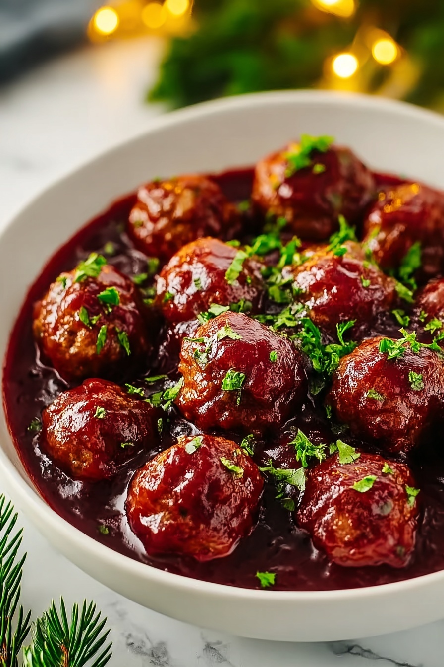 A white bowl filled with about eighteen round meatballs covered in a thick, dark red sauce. The sauce looks shiny and smooth, with some small chunks. The meatballs are arranged in layers, mostly sitting in the sauce, with some partially submerged. Bright green chopped herbs are sprinkled on top, adding contrast to the deep red and brown colors. The bowl sits on a white marbled texture surface with some green pine needles and blurred golden lights in the background, creating a cozy, festive feel. photo taken with an iphone --ar 2:3 --v 7 - Cranberry Meatballs, holiday appetizers, easy party snacks, quick meatball recipes, festive appetizer ideas