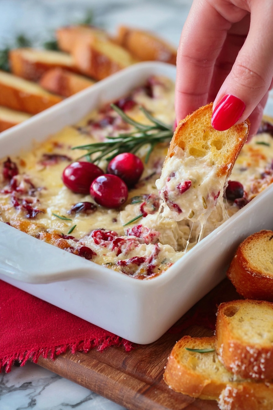 The image shows a white rectangular dish filled with a creamy, melted cheese dip mixed with bright red cranberry pieces, giving it a slightly bumpy texture. On top of the dip, there is a small garnish of green rosemary sprigs and three whole cranberries. A woman's hand with red nail polish is holding a toasted golden-brown baguette slice, scooping up some of the dip. Around the dish, there are several more toasted baguette slices, each golden with a slightly rough texture and sprinkled with coarse salt. The dish is placed on a wooden surface with a red cloth underneath, all set against a white marbled background. Photo taken with an iphone --ar 2:3 --v 7 - Baked Cranberry Cream Cheese Dip, cranberry appetizer, holiday dip recipes, cream cheese dip,Easy festive appetizers