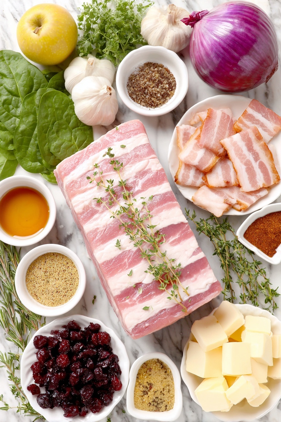 Flat lay of a whole center cut pork loin with pale pink fresh meat and a thin layer of fat, five slices of raw smoked bacon diced into small pieces, a single large shallot with purple and white layers, a bunch of fresh vibrant baby spinach leaves, six peeled garlic cloves, one small peeled and finely diced green apple, a small pile of dried deep red cranberries, a small white bowl of amber maple syrup, a small white bowl of grainy yellow Dijon mustard, sea salt crystals scattered next to a small white bowl of ground black pepper, a small white bowl of smoked paprika powder, fresh thyme sprigs with tiny green leaves, chopped fresh rosemary, two small white bowls with pale yellow butter cubes, two sprigs of fresh rosemary, two sprigs of fresh thyme, ten whole peeled garlic cloves, a small white bowl of golden chicken broth, four medium unpeeled sweet potatoes with orange skin, a small white bowl of clear avocado oil, and a small white bowl of herbs de Provence placed on a clean white marble surface, soft natural light, photo taken with an iPhone, professional food photography style, fresh ingredients, white ceramic bowls, no bottles, no duplicates, no utensils, no packaging --ar 2:3 --v 7 --p m7354615311229779997 - Apple Bacon Stuffed Pork Loin Roll, pork loin roll recipes, apple stuffed pork, bacon wrapped pork loin, savory fall pork dish