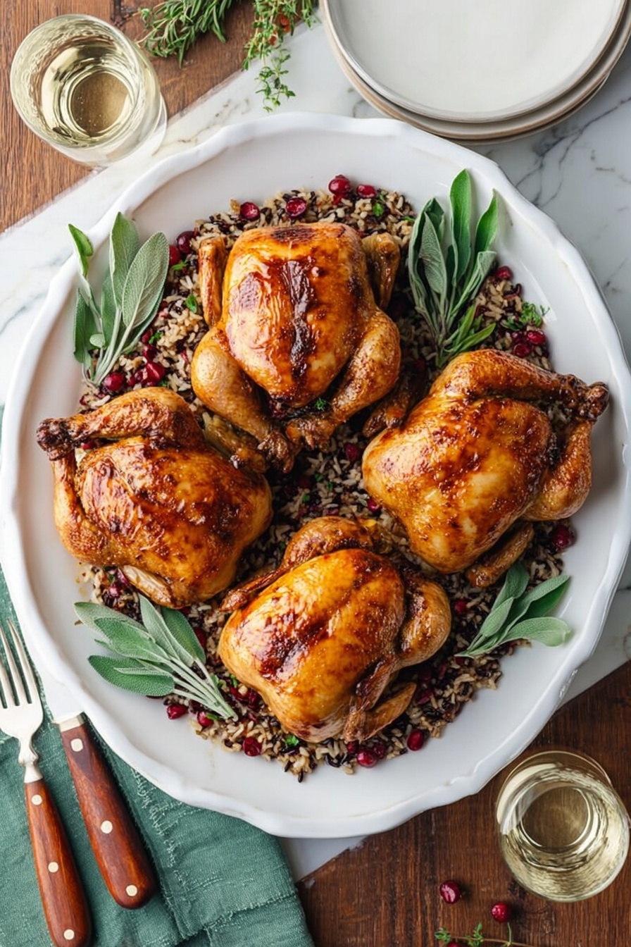 The image shows a white platter with four golden-brown roasted chickens arranged in the center, each with crispy, slightly shiny skin. Underneath the chickens, there is a colorful bed of wild rice mixed with red cranberries and small green herbs. Fresh green sage leaves are scattered around and partly under the chickens, adding contrast to the warm tones. The platter sits on a wooden table next to a fork and spoon with wooden handles, a folded green cloth napkin, a white plate, and a glass of white wine. The whole scene is set against a white marbled surface. photo taken with an iphone --ar 2:3 --v 7 - Cornish Hens with Apple Cranberry Stuffing, apple cranberry stuffing recipe, holiday Cornish hens, fall dinner ideas, easy poultry recipes