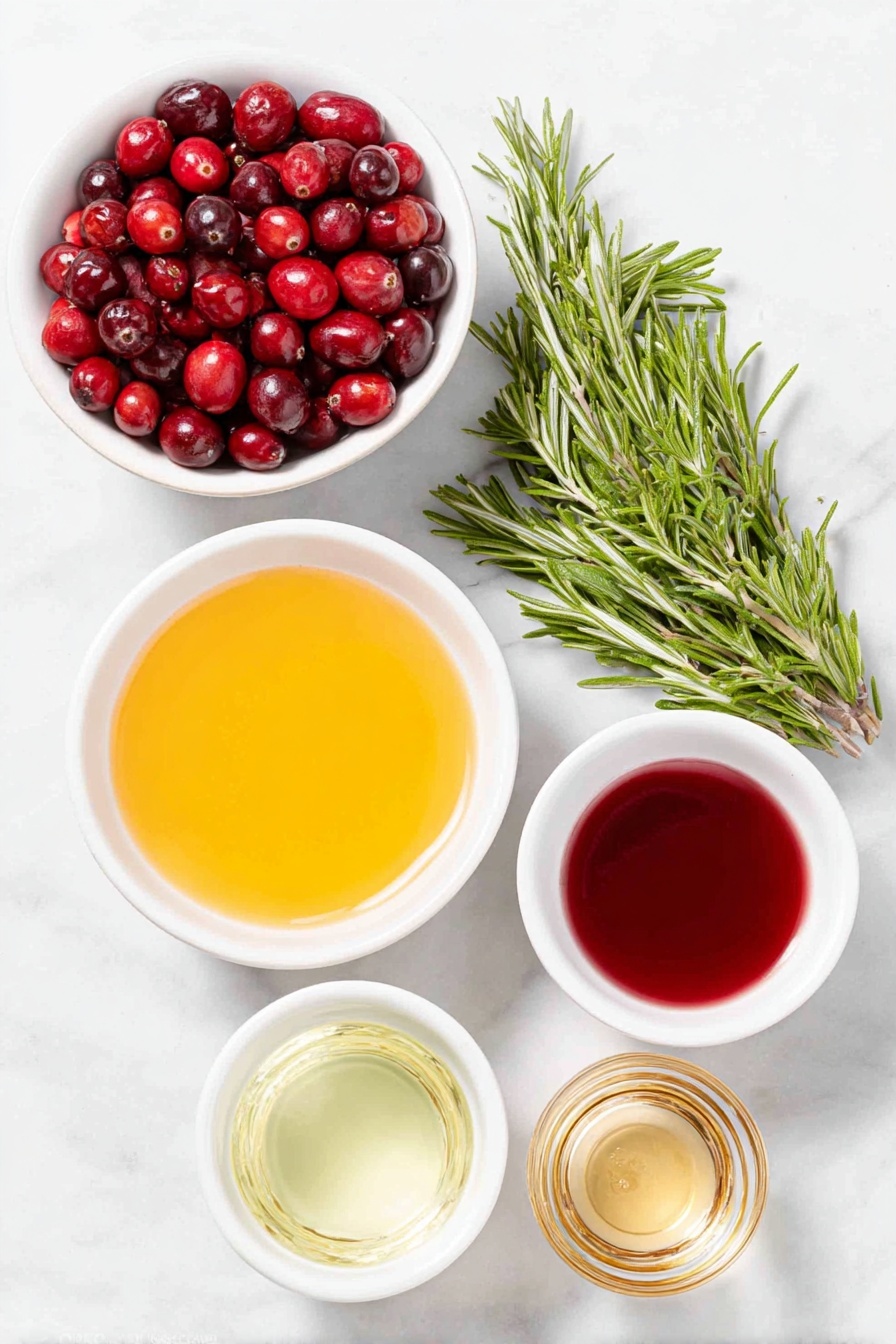 Flat lay of fresh whole cranberries scattered beside a few sprigs of vibrant green rosemary, a small white ceramic bowl filled with bright orange juice, a small white ceramic bowl of deep red cranberry juice, a small white ceramic bowl containing clear sparkling 7UP, a small white ceramic bowl with pale amber tequila, and a small white ceramic bowl holding rich red maraschino cherry juice, accompanied by a small white ceramic bowl of fresh yellow lemon juice, all arranged symmetrically with realistic proportions, placed on a clean white marble surface, soft natural light, photo taken with an iPhone, professional food photography style, fresh ingredients, white ceramic bowls, no bottles, no duplicates, no utensils, no packaging --ar 2:3 --v 7 --p m7354615311229779997 - Cranberry Mistletoe Margarita, holiday margarita recipe, festive cranberry cocktail, easy holiday cocktails, Christmas margarita ideas