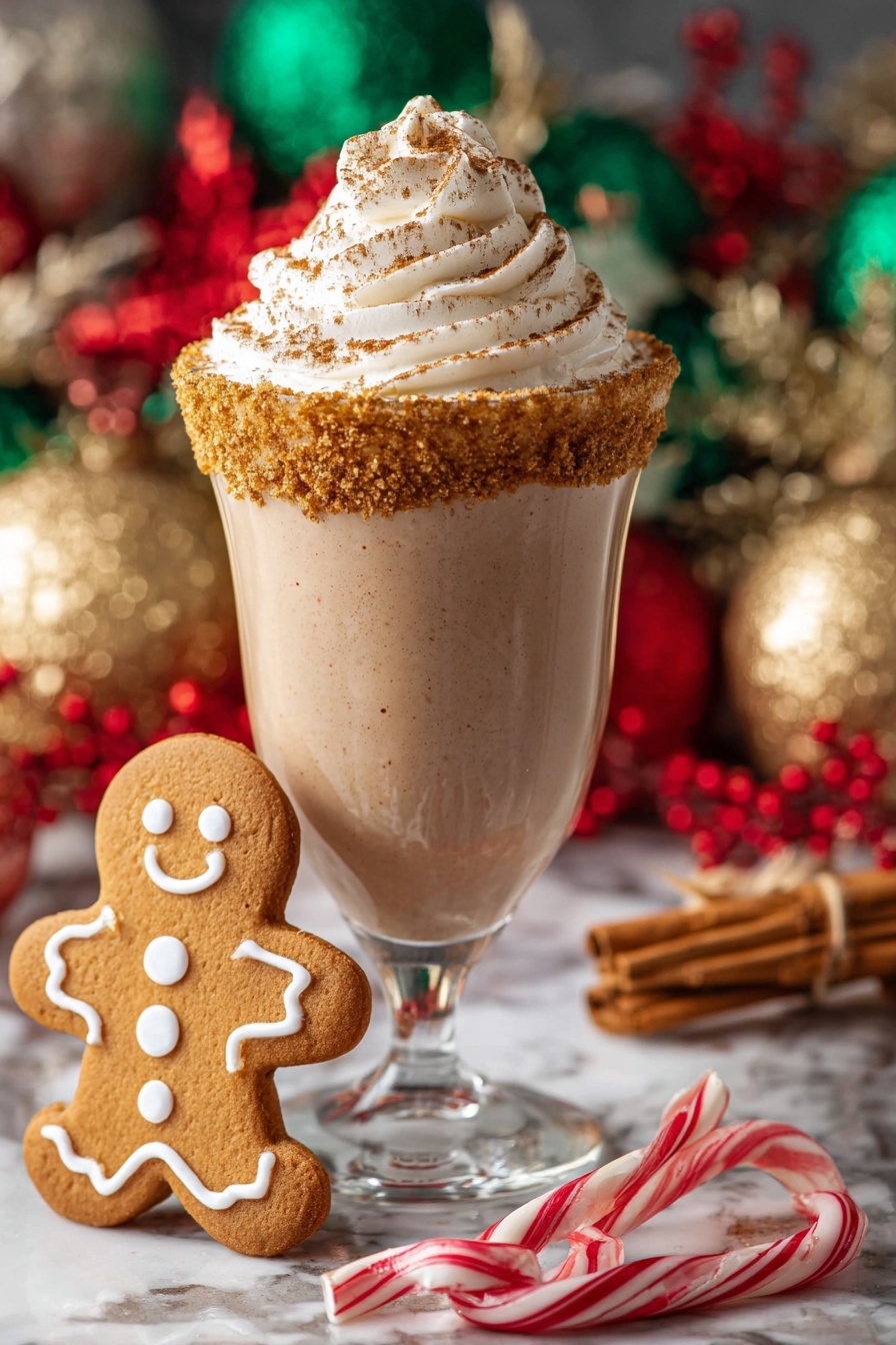 The image shows a tall glass filled with a smooth, light brown drink topped with a thick swirl of white whipped cream sprinkled with a light dusting of cinnamon. The glass has a crumbly brown sugar rim. Leaning against the glass is a smiling gingerbread man cookie decorated with white icing buttons and a smile. In the foreground, two red and white striped candy canes lie crossed on the white marbled surface. Behind the glass are cinnamon sticks tied with string and another gingerbread cookie outlined with white icing. The background includes sparkly gold ornaments and blurry green and red decorations, creating a festive holiday scene. Photo taken with an iphone --ar 2:3 --v 7 - Gingerbread Martini, holiday cocktail recipes, festive drinks with gingerbread, creamy holiday cocktails, Christmas cocktail ideas