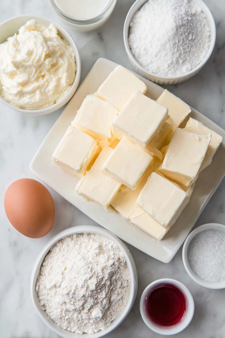 Flat lay of a few large cubes of unsalted butter, a small mound of cream cheese, a small white ceramic bowl filled with granulated sugar, a single large whole egg with a clean shell, a small white ceramic bowl with clear peppermint extract, a small heap of fine all-purpose flour, a small white ceramic bowl containing bright red gel food coloring, and a tiny pinch of salt poured neatly on the surface, all arranged with perfect symmetry on a clean white ceramic plate and small bowls, placed on a clean white marble surface, soft natural light, photo taken with an iPhone, professional food photography style, fresh ingredients, white ceramic bowls, no bottles, no duplicates, no utensils, no packaging --ar 2:3 --v 7 --p m7354615311229779997 - Candy Cane Cookies, Holiday Christmas Cookies, Peppermint Cookies, Festive Cookie Recipe, Christmas Baking Ideas