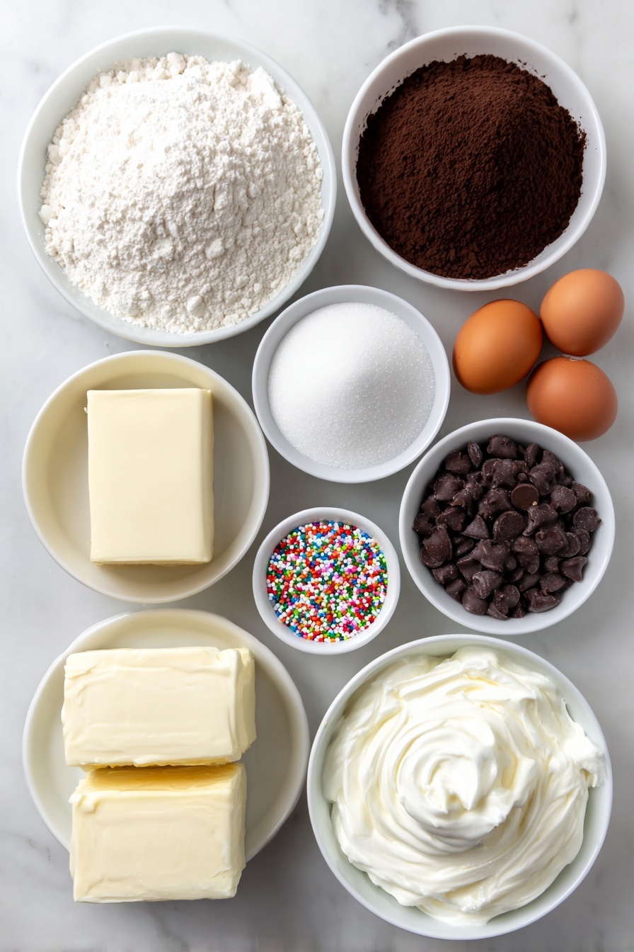 Flat lay of a small mound of all-purpose flour, a small white ceramic bowl filled with dark Dutch process cocoa powder, a small white ceramic bowl containing white baking powder sprinkled lightly, two whole brown eggs with clean shells, a small white ceramic bowl of light brown sugar, a small white ceramic bowl of granulated white sugar, a block of unsalted butter with a smooth surface, a small white ceramic bowl holding semi-sweet chocolate chips, a small white ceramic bowl filled with heavy whipping cream, and a small white ceramic bowl with colorful round nonpareil sprinkles, all arranged symmetrically and balanced on a clean white marble surface, soft natural light, photo taken with an iPhone, professional food photography style, fresh ingredients, white ceramic bowls, no bottles, no duplicates, no utensils, no packaging --ar 2:3 --v 7 --p m7354615311229779997 - Chocolate Thumbprint Cookies with Ganache, chocolate thumbprint cookies, easy chocolate cookies, homemade thumbprint cookies, holiday cookie recipes
