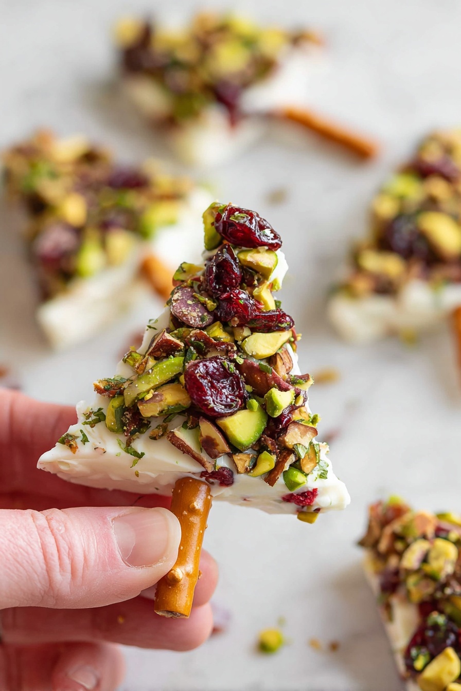 The image shows a close-up of a small, triangular-shaped white cheese piece on a white marbled surface. The cheese is covered on one side with a colorful mix of chopped green pistachios, red dried cranberries, and small brown nuts with green herbs scattered throughout, giving a textured and varied appearance. A lightly tanned pretzel stick is placed at the bottom of the triangle as a stick, held by a person's fingers. In the background, several similar cheese triangles on pretzel sticks are scattered out of focus. Photo taken with an iphone --ar 2:3 --v 7 - Cheese Christmas Tree Bites, festive holiday appetizers, easy Christmas party snacks, no-bake holiday treats, cheesy holiday appetizers