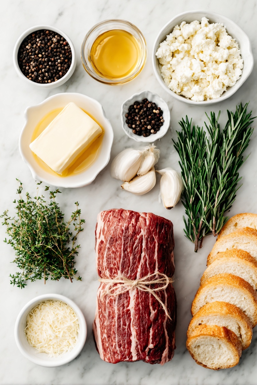 Flat lay of a whole raw beef tenderloin tied with butcher’s twine, a small white ceramic bowl of crushed black peppercorns, a small pile of coarse sea salt crystals, a stick of salted butter, several garlic cloves lightly smashed, fresh rosemary sprigs, fresh thyme sprigs, fresh sage leaves, a whole baguette sliced and toasted, a small white ceramic bowl of creamy goat cheese, a small white ceramic bowl with honey, a small white ceramic bowl filled with dry white wine, a small white ceramic bowl with heavy cream, a small white ceramic bowl containing grated Parmesan cheese, all arranged symmetrically and balanced, placed on a clean white marble surface, soft natural light, photo taken with an iPhone, professional food photography style, fresh ingredients, white ceramic bowls, no bottles, no duplicates, no utensils, no packaging --ar 2:3 --v 7 --p m7354615311229779997 - Beef Tenderloin Crostini with Parmesan Wine Sauce, elegant beef appetizers, easy gourmet hors d'oeuvres, savory cheese canapés, impressive party starters