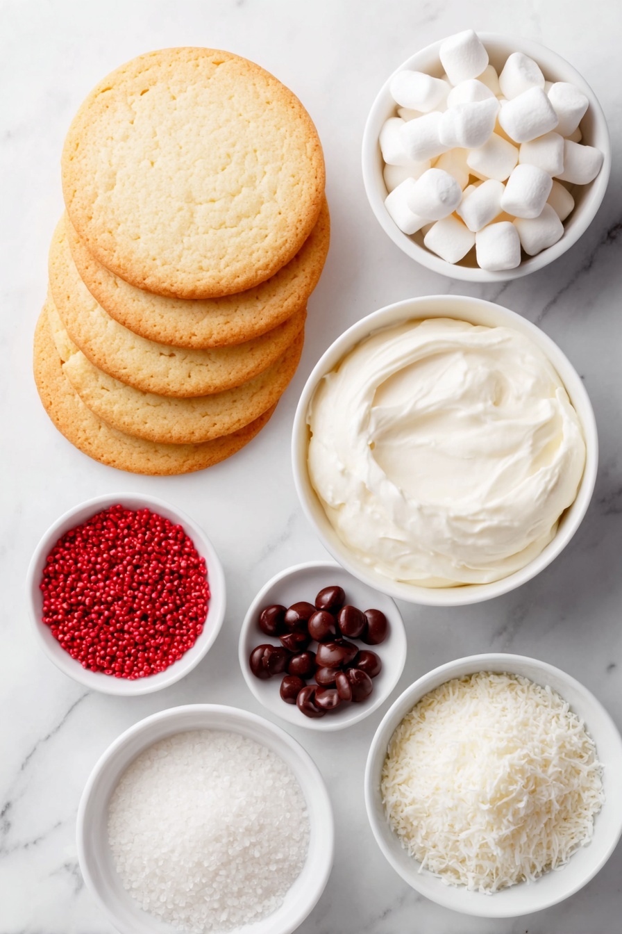 Flat lay of a stack of round pale golden sugar cookies, a small white bowl filled with smooth vanilla frosting, two shiny black candy eyes, a single glossy cinnamon red candy, a small white bowl holding bright red sugar sprinkles, a small white bowl with fluffy sweetened shredded coconut, a cluster of white miniature marshmallows, placed on a clean white marble surface, soft natural light, photo taken with an iPhone, professional food photography style, fresh ingredients, white ceramic bowls, no bottles, no duplicates, no utensils, no packaging --ar 2:3 --v 7 --p m7354615311229779997 - Christmas Sugar Cookie Faces, holiday cookie decorating, festive cookie ideas, easy Christmas cookies, kid-friendly holiday treats