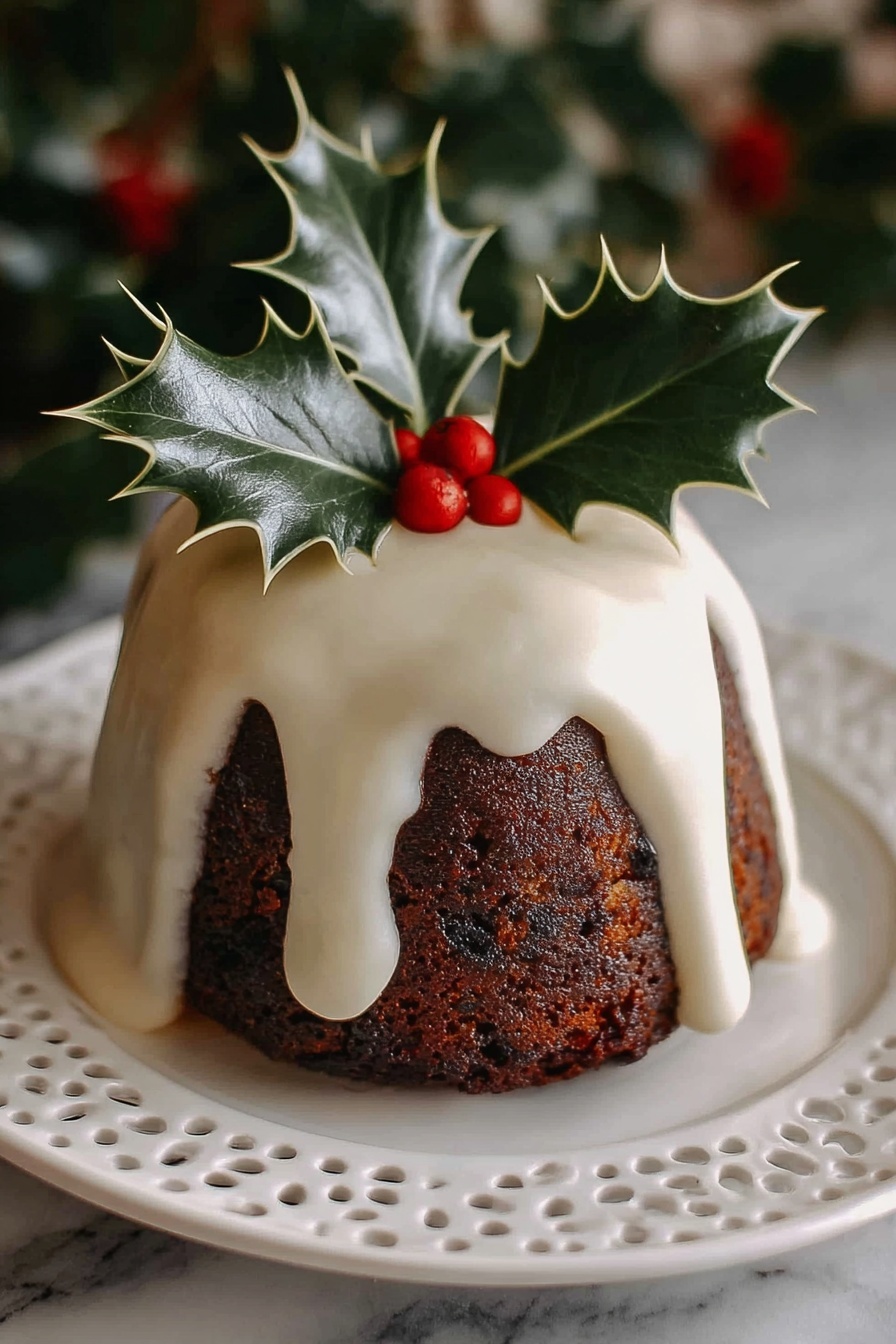 A small dark brown cake with a rough texture sits at the center of a round white plate with decorative holes along the edge. The cake is covered with a thick, smooth white icing that drips down unevenly around its sides. On top of the icing, there is a sprig of green holly leaves with sharp edges and three small, bright red berries. The background shows some blurred green holly leaves, all set on a white marbled surface. photo taken with an iphone --ar 2:3 --v 7 - British Christmas Pudding, Traditional Christmas Pudding, Festive Holiday Dessert, Homemade Christmas Pudding, Classic British Pudding