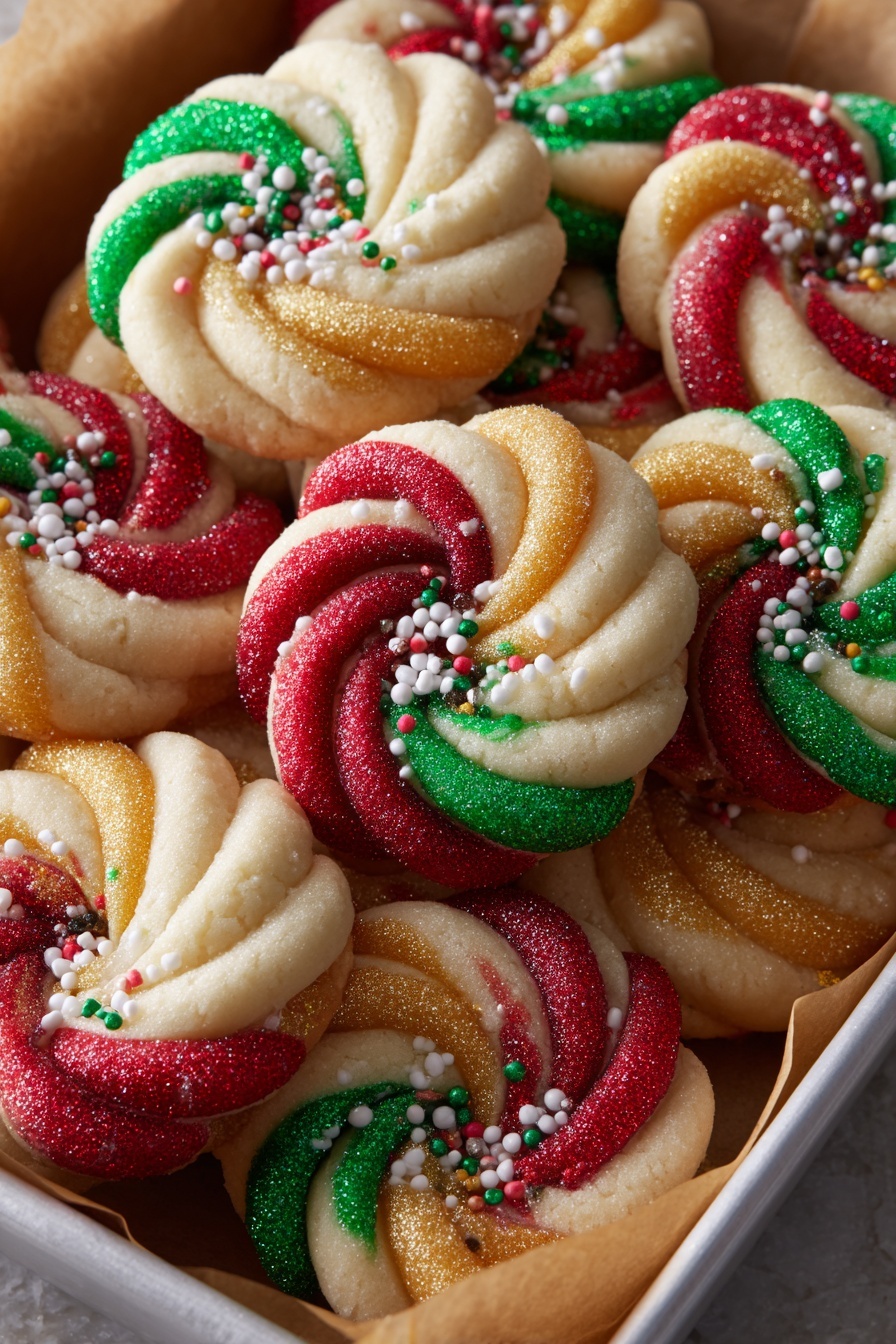 The image shows a close-up of many round swirl cookies placed in a white tray lined with brown paper. Each cookie has a thick twisted design with two colors blended together in the swirls: bright red and creamy white, shiny gold and creamy white, or green and creamy white. The cookies are topped with small white sugar crystals and some multi-colored small round sprinkles, adding a textured look. The white swirls are soft and smooth, contrasting with the glittery bright colors that look grainy and sugar-coated. The cookies are arranged close to each other, filling the tray fully. Photo taken with an iphone --ar 2:3 --v 7 - Festive Twisted Christmas Cookies, Christmas cookie ideas, holiday cookie recipes, decorated holiday cookies, easy Christmas baking