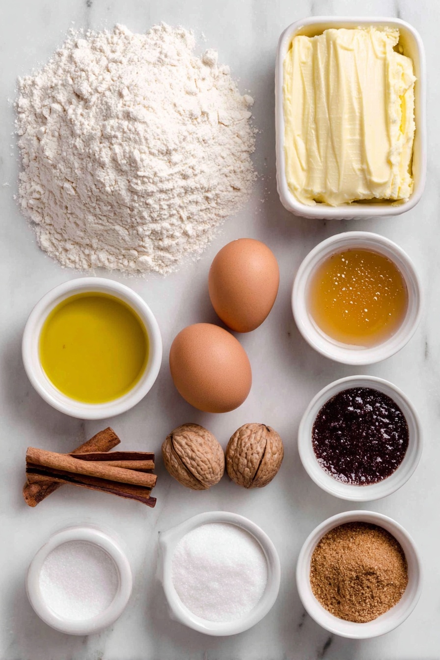 Flat lay of a small mound of white all-purpose flour, a few whole brown nutmegs and cinnamon sticks, a small pile of ground ginger and ground cloves and ground cinnamon powders arranged neatly, a small white ceramic bowl of solid refined coconut oil, a small white ceramic bowl filled with dark amber molasses, a small white ceramic bowl containing pure maple syrup, a small white ceramic bowl heaped with dark brown sugar, two whole uncracked brown eggs, a small white ceramic bowl filled with aquafaba (liquid from chickpeas), another small white ceramic bowl with sifted powdered sugar, a tiny white ceramic bowl holding clear vanilla extract, and a separate tiny white ceramic bowl of clean water droplets, all placed on a clean white marble surface, soft natural light, photo taken with an iPhone, professional food photography style, fresh ingredients, white ceramic bowls, no bottles, no duplicates, no utensils, no packaging --ar 2:3 --v 7 --p m7354615311229779997 - Vegan Gingerbread Cookies, vegan holiday cookies, gluten-free gingerbread treats, plant-based Christmas cookies, easy vegan gingerbread