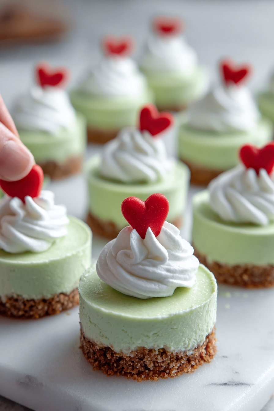 This image shows small round desserts on a white marbled surface. Each dessert has three layers: a bottom layer of brown crumbly crust, a middle thick layer of smooth light green cream, and a top layer of white whipped cream shaped like a small swirl. On top of each swirl is a small red heart decoration. The desserts are arranged in rows, with one woman's hand placing a heart decoration on the nearest dessert. photo taken with an iphone --ar 2:3 --v 7 - Grinch Mini Cheesecakes, festive mini cheesecakes, holiday dessert ideas, Christmas party treats, easiest cheesecake recipes