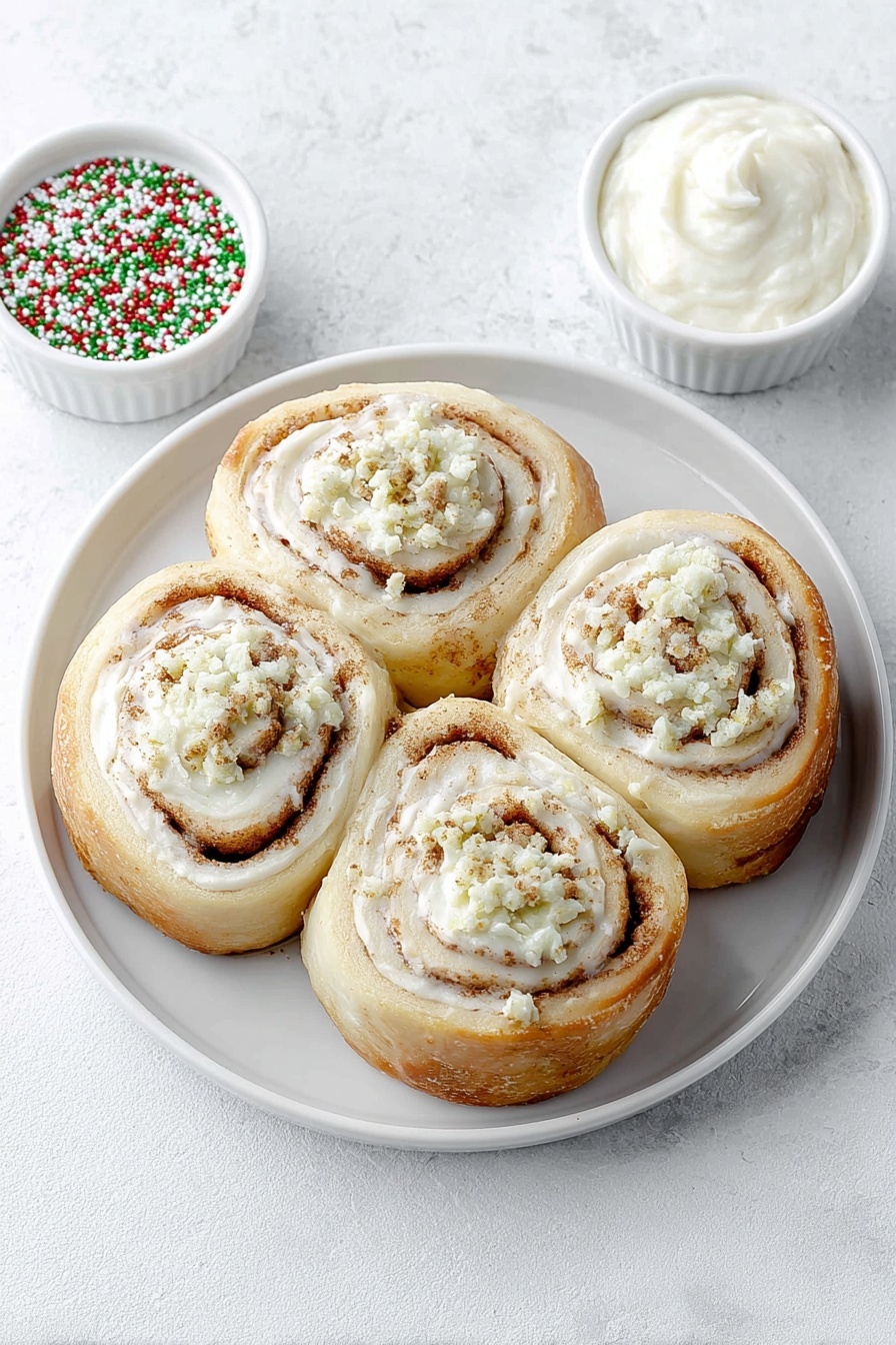 Flat lay of five unrolled cinnamon rolls with visible swirls of cinnamon, a small white ceramic bowl filled with creamy white icing, a small white ceramic bowl of colorful Christmas sprinkles in red, green, and white, all arranged in perfect symmetry on a simple white ceramic plate, placed on a clean white marble surface, soft natural light, photo taken with an iPhone, professional food photography style, fresh ingredients, white ceramic bowls, no bottles, no duplicates, no utensils, no packaging --ar 2:3 --v 7 --p m7354615311229779997 - Christmas Tree Cinnamon Rolls, festive cinnamon rolls, holiday cinnamon roll idea, easy Christmas treats, kid-friendly Christmas dessert