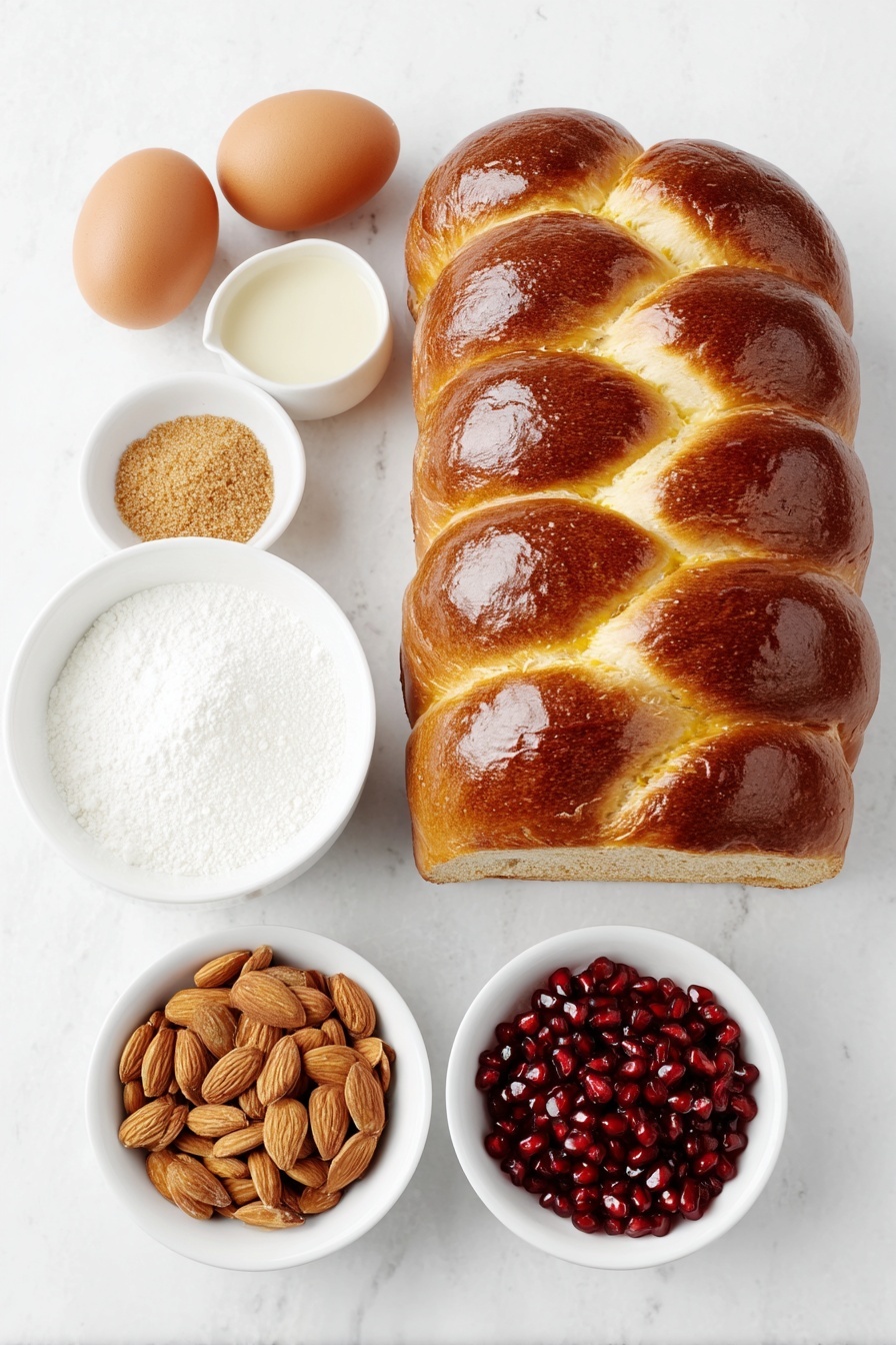 Flat lay of three whole uncracked brown eggs, a small white ceramic bowl of almond milk, a small white ceramic bowl with light brown granulated brown sugar, a small white ceramic bowl of ground cinnamon powder, a pinch of sea salt crystals beside the bowls, several 1-inch diagonal slices of golden challah bread stacked slightly overlapping, a small white ceramic bowl of toasted sliced almonds, a small white ceramic bowl filled with ruby red pomegranate arils, all arranged in perfect symmetry on a clean white marble surface, soft natural light, photo taken with an iPhone, professional food photography style, fresh ingredients, white ceramic bowls, no bottles, no duplicates, no utensils, no packaging --ar 2:3 --v 7 --p m7354615311229779997 - Easy French Toast Bake with Pomegranate, French Toast Bake with Pomegranate, Breakfast Bake with Pomegranate, Crowd-Pleasing French Toast Casserole, Simple Pomegranate Breakfast