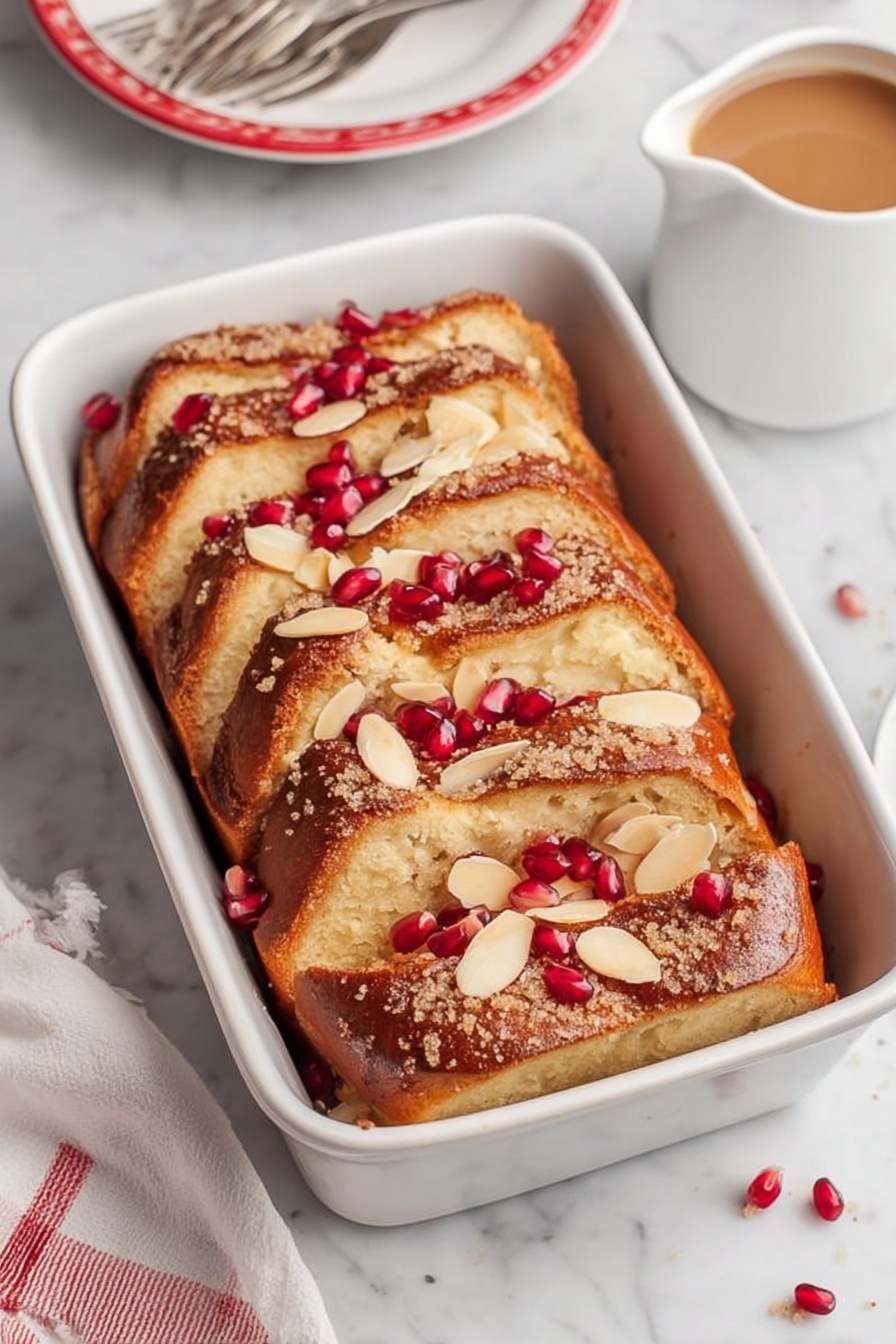 A white rectangular baking dish holds layered slices of light golden-brown baked bread, arranged in a slightly overlapping, angled pattern. The top layer is richly covered with a smooth, thick chocolate sauce that shines under soft light. Scattered almond slices and bright red pomegranate seeds decorate the surface, adding texture and pops of color. A fine dusting of white powdered sugar is gently spread over the top, enhancing the visual interest. The dish sits on a white marbled surface with a glimpse of a white plate with a red stripe rim and a fork to the side. Photo taken with an iphone --ar 2:3 --v 7 - Easy French Toast Bake with Pomegranate, French Toast Bake with Pomegranate, Breakfast Bake with Pomegranate, Crowd-Pleasing French Toast Casserole, Simple Pomegranate Breakfast