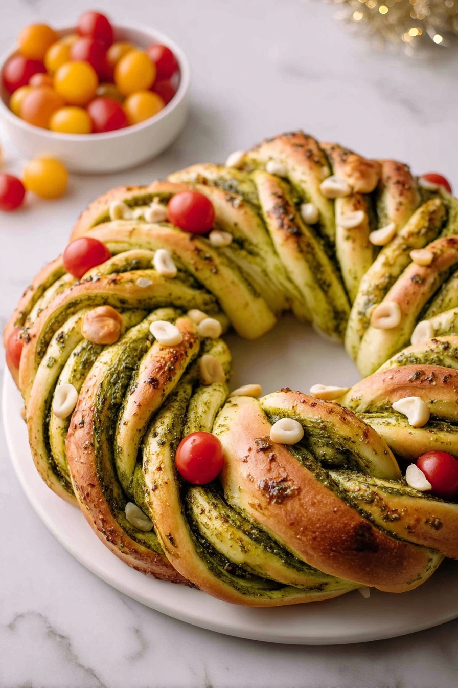 A braided ring-shaped bread with visible layers of dough twisted with a green herb pesto spread evenly throughout each strand. The outer dough is golden brown with a soft, slightly shiny texture, while the green pesto has a dense, oily look inside the twists. The bread is decorated with small red cherry tomatoes and pale round nuts placed evenly on top. It sits on a white plate over a white marbled surface. In the background, there is a small white bowl filled with red and yellow cherry tomatoes. Photo taken with an iphone --ar 2:3 --v 7 - Vegan Pesto Bread Wreath, vegan bread recipes, homemade pesto bread, festive bread wreath, plant-based appetizer ideas