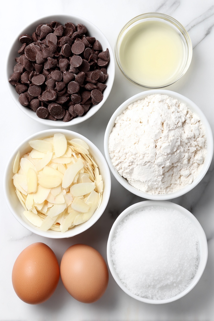 Flat lay of a small white ceramic bowl filled with glossy semi-sweet chocolate chips, a small white ceramic bowl with smooth coconut oil, a neat pile of pale beige sliced almonds, a small white ceramic bowl holding fine white powdered sugar, and a simple white ceramic bowl containing uncracked brown eggs, all arranged symmetrically alongside a small white ceramic bowl with dry, crumbly grain-free boxed brownie mix, placed on a clean white marble surface, soft natural light, photo taken with an iPhone, professional food photography style, fresh ingredients, white ceramic bowls, no bottles, no duplicates, no utensils, no packaging --ar 2:3 --v 7 --p m7354615311229779997 - Viral Pine Cone Brownies, pine cone brownies, festive brownie desserts, holiday pine cone treats, eye-catching brownie ideas