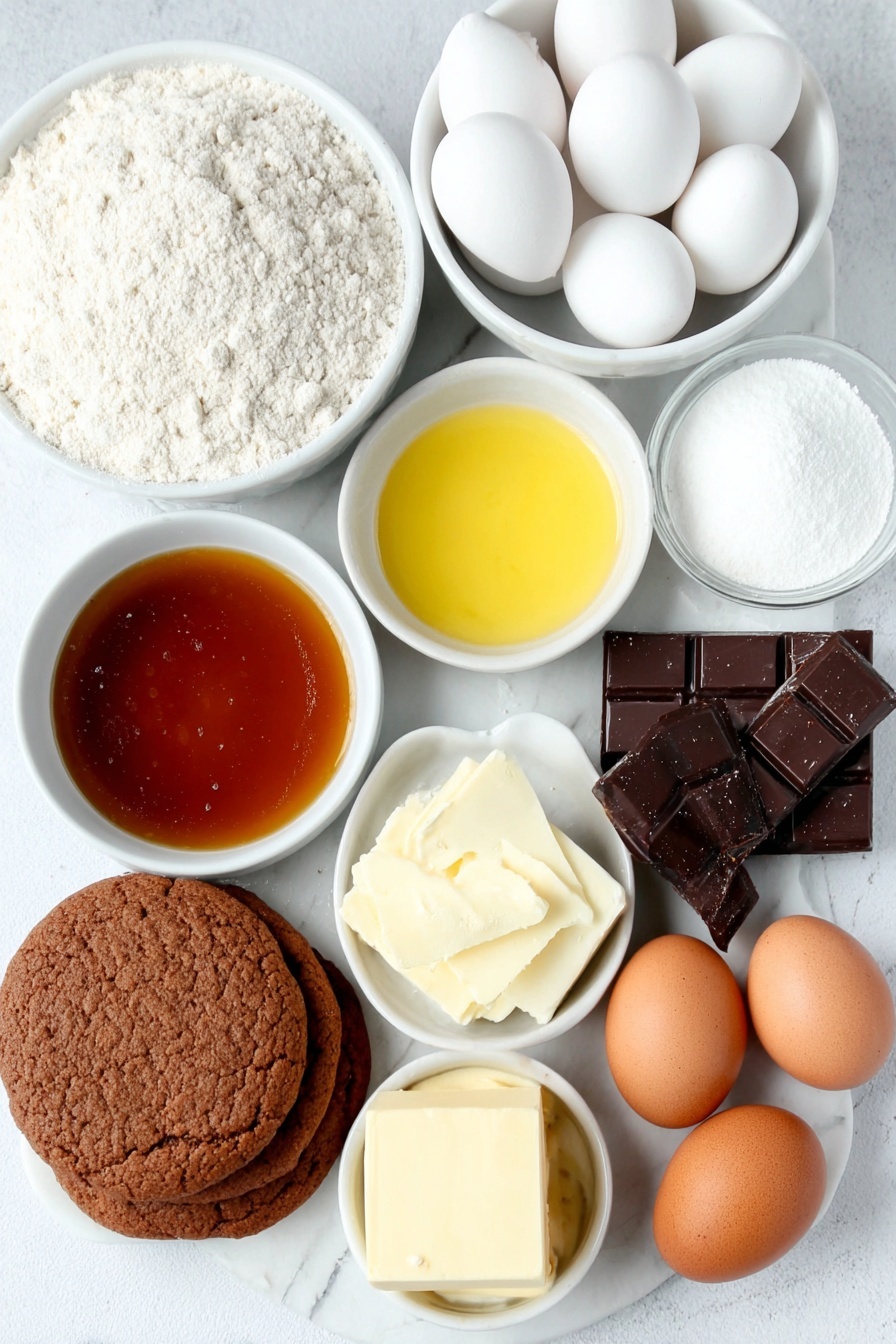Flat lay of a small white ceramic bowl filled with smooth golden caramel, two whole uncracked brown eggs, a small white ceramic bowl with pale cooking cream, a few chunks of glossy dark chocolate, a small mound of fine white royal icing, a small white ceramic bowl of bright yellow fresh lemon juice, a neat pile of light and dark brown soft brown sugar, a small puddle of shiny golden syrup, a few thick cubes of creamy butter, two simple discs of brown gingerbread dough dusted lightly with flour, a heap of plain flour, a heap of self-raising flour, a scattering of warm brown ground ginger, a small pile of mixed spice, a tiny heap of dark ground cloves, and a pinch of pale bicarbonate of soda—all ingredients arranged in perfect symmetry on a simple white ceramic platter placed on a clean white marble surface, soft natural light, photo taken with an iPhone, professional food photography style, fresh ingredients, white ceramic bowls, no bottles, no duplicates, no utensils, no packaging --ar 2:3 --v 7 --p m7354615311229779997 - Chocolate Gingerbread Caramel Pie, gingerbread caramel pie, chocolate holiday pie, festive dessert with caramel and gingerbread, indulgent holiday pie