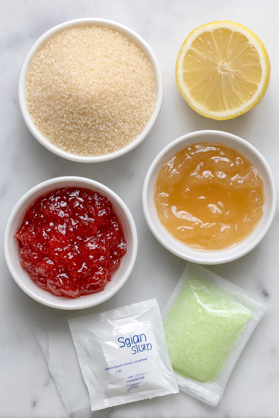 Flat lay of a heaping mound of granulated sugar in a small simple white ceramic bowl, a small white ceramic bowl filled with smooth, golden applesauce, vibrant red cherry Jell-O powder spilling slightly beside a small pile of bright green lime Jell-O powder, two unopened envelopes of translucent unflavored gelatin sheets stacked neatly, a fresh lemon wedge with visible juice droplets resting beside a small white ceramic bowl containing freshly squeezed lemon juice, all arranged in perfect symmetry and realistic proportions on a clean white marble surface, soft natural light, photo taken with an iPhone, professional food photography style, fresh ingredients, white ceramic bowls, no bottles, no duplicates, no utensils, no packaging --ar 2:3 --v 7 --p m7354615311229779997 - Homemade Gumdrops, gumdrops from scratch, homemade candy, colorful chewy treats, easy gummy candy recipe