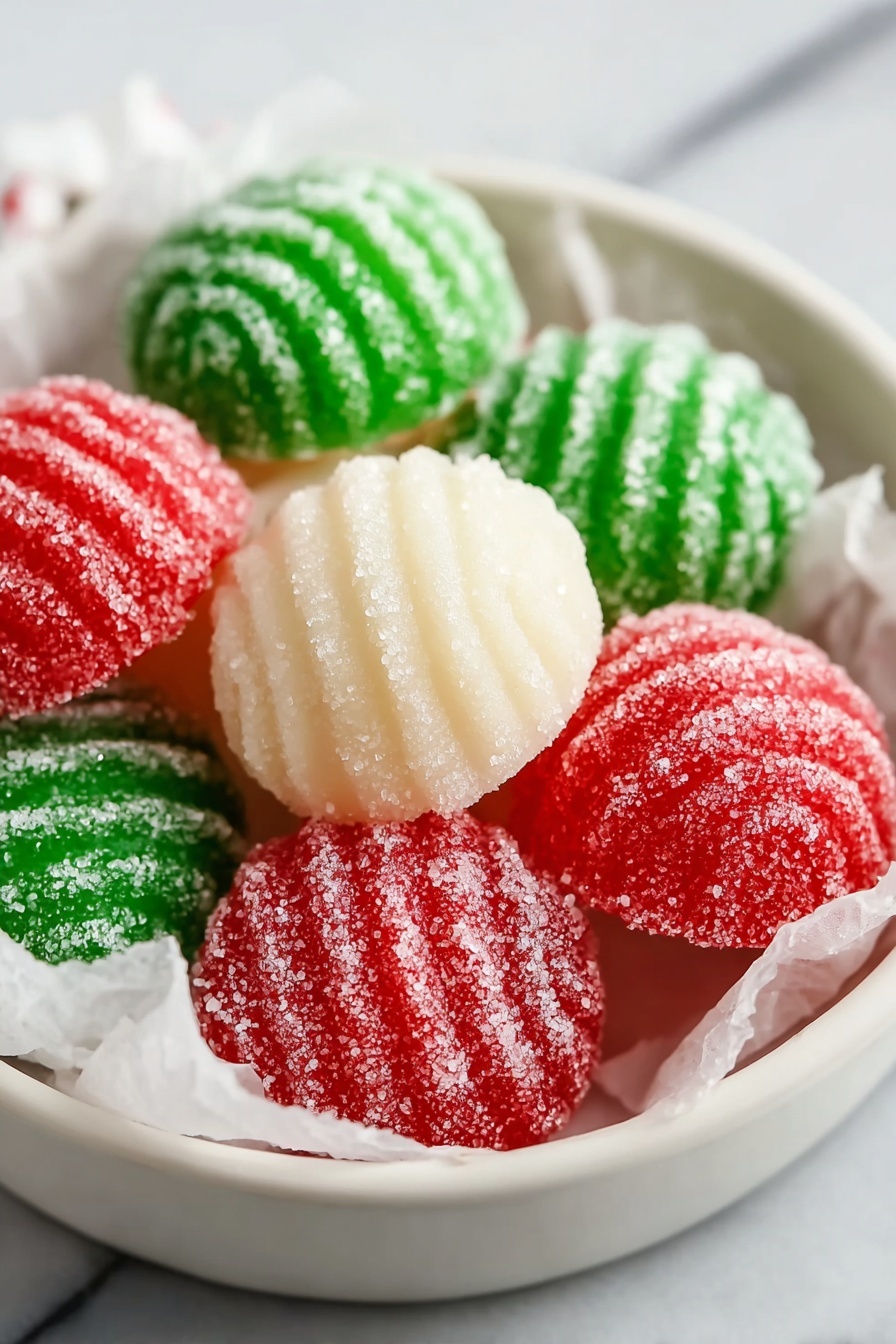 The image shows six round candies arranged in a white bowl lined with white parchment paper. There are three red candies, two green candies, and one white candy in the center. Each candy has a ridged texture with visible sugar crystals covering their surfaces, making them look grainy and sparkly. The candies are neatly placed close to each other on a white marbled surface. Photo taken with an iphone --ar 2:3 --v 7 - No-Bake Christmas Peppermint Mints, holiday peppermint candies, festive no-bake treats, homemade peppermint candies, easy Christmas sweets