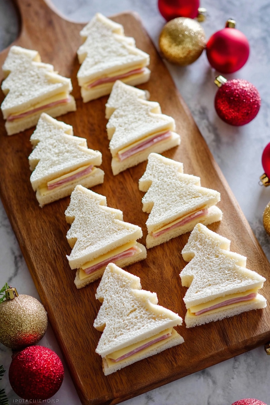 The image shows several small sandwiches shaped like Christmas trees placed on a wooden surface with a white marbled background. Each sandwich has three layers of soft white bread with thin layers of ham and cheese in between. The sandwiches are neatly cut using a metal Christmas tree-shaped cookie cutter, with one sandwich standing upright inside the cutter in the center of the image, while the others lie flat around it. The sandwich layers are clearly visible, showing the pink ham and yellow cheese contrasting with the white bread. The sandwiches have a soft, fluffy texture and some are stacked closely together. Photo taken with an iphone --ar 2:3 --v 7 - Christmas Tree Sandwiches, festive holiday sandwiches, Christmas snack ideas, kids holiday snacks, easy Christmas finger foods