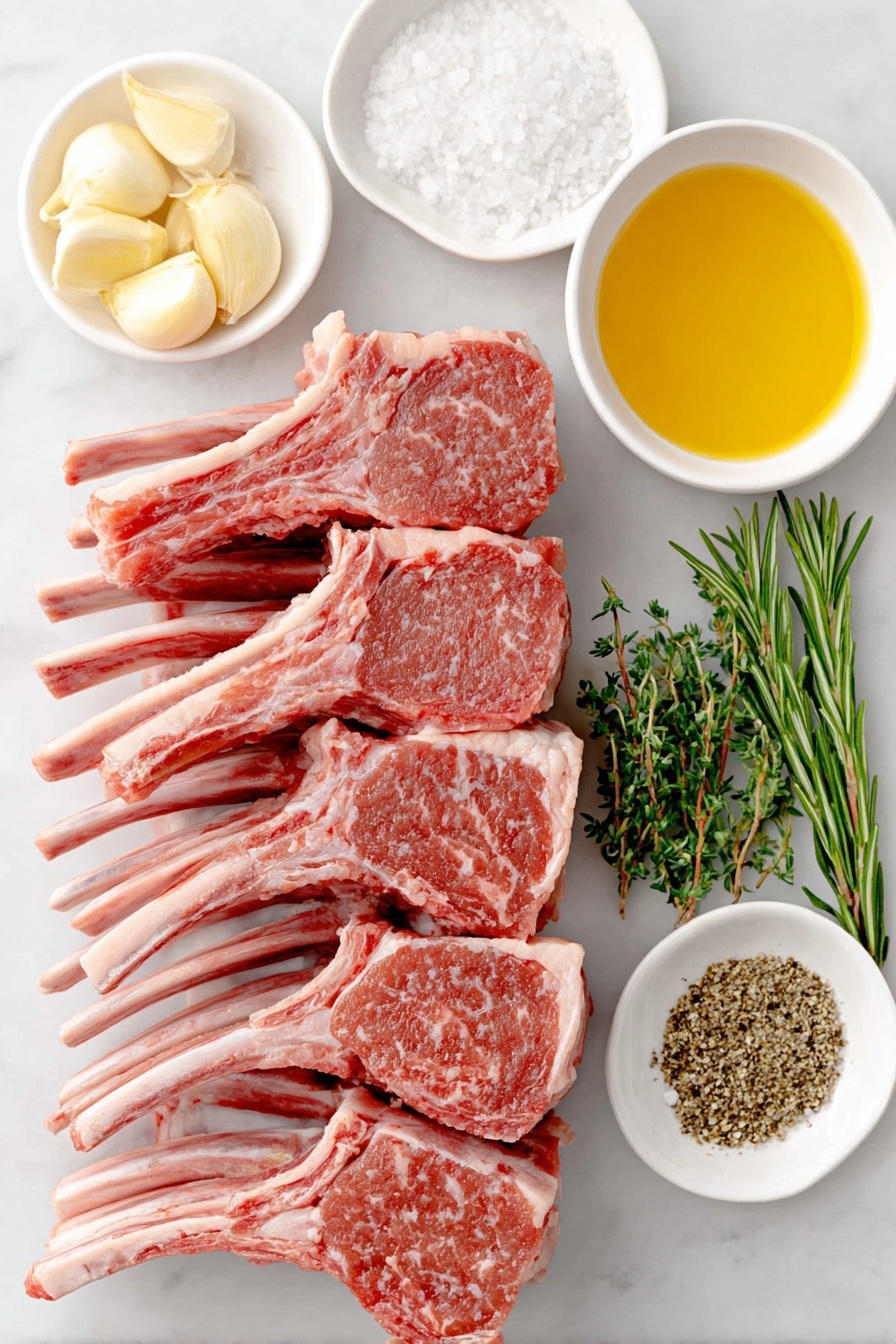 Flat lay of a fresh raw rack of lamb with eight individual lamb chops separated, a small white ceramic bowl of golden extra-virgin olive oil, three whole peeled garlic cloves, a few sprigs of fresh green rosemary, a small white bowl containing coarse kosher salt crystals, and another small white bowl with freshly ground black pepper, all arranged in perfect symmetry and balanced proportions, placed on a clean white marble surface, soft natural light, photo taken with an iPhone, professional food photography style, fresh ingredients, white ceramic bowls, no bottles, no duplicates, no utensils, no packaging --ar 2:3 --v 7 --p m7354615311229779997 - Garlic Rosemary Grilled Lamb Chops, grilled lamb recipes, herb-marinated lamb chops, easy lamb dinner ideas, flavorful lamb grill recipes