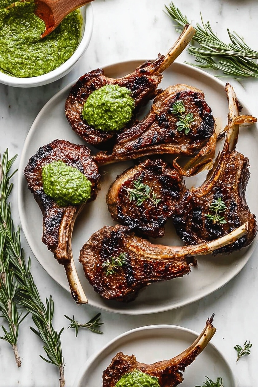 A white plate holds six grilled lamb chops with dark brown, slightly charred edges and juicy interior. Each chop shows a long bone handle, and some have small bright green herb sprigs on top. Two chops are topped with a thick dollop of bright green sauce with a rough, textured look. Around the main plate, a smaller white plate has a single chop with the same green sauce on it. To the left, a small white bowl holds more of the same sauce with a wooden spoon resting inside. The background is a white marbled texture with sprigs of fresh rosemary scattered around. photo taken with an iphone --ar 2:3 --v 7 - Garlic Rosemary Grilled Lamb Chops, grilled lamb recipes, herb-marinated lamb chops, easy lamb dinner ideas, flavorful lamb grill recipes