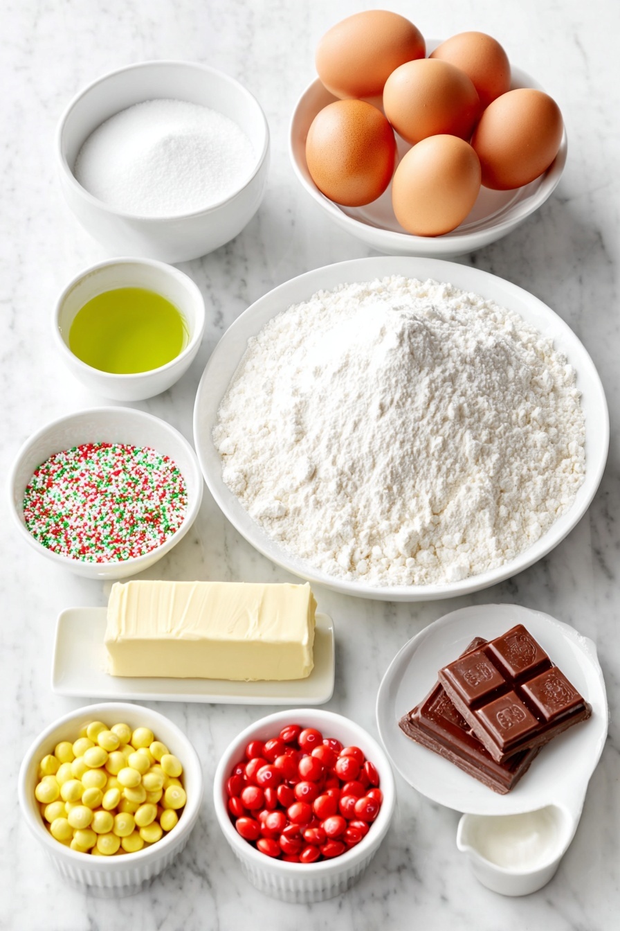 Flat lay of a small mound of all-purpose flour, a small pile of granulated sugar, three large uncracked brown eggs, a small white bowl of vegetable oil, a small white bowl of buttermilk, a small white bowl with red, green, and white holiday sprinkles, a stick of salted butter, a small white bowl of powdered sugar, a small white bowl of milk, a small white bowl of vanilla extract, a few drops of green gel food coloring on a white ceramic plate, a few drops of blue gel food coloring on a white ceramic plate, five brown mini candy-coated chocolates, a small handful of yellow mini candy-coated chocolates, a small handful of red mini candy-coated chocolates, and a piece of red sour candy belt, all placed on a clean white marble surface, soft natural light, photo taken with an iPhone, professional food photography style, fresh ingredients, white ceramic bowls, no bottles, no duplicates, no utensils, no packaging --ar 2:3 --v 7 --p m7354615311229779997 - Festive Christmas Sheet Cake with Buttercream Frosting, Christmas sheet cake with colorful sprinkles, holiday dessert recipes, easy Christmas cake recipes, festive holiday cake