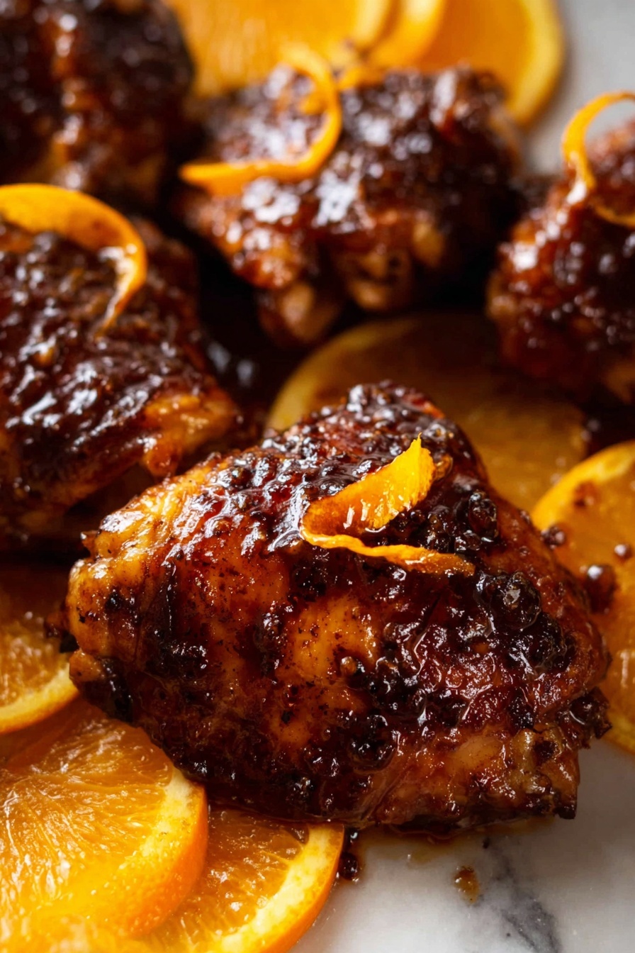 The image shows several pieces of dark brown glazed chicken thighs with a shiny, sticky sauce on their surface. Each piece has a rich, crispy texture with some blackened spots. Thin orange peel curls rest on top of some chicken pieces, adding a bright contrast. Around the chicken pieces, there are fresh orange slices with a vibrant orange color and juicy texture. The dish is set against a white marbled texture background. photo taken with an iphone --ar 2:3 --v 7 - Sticky Orange Glazed Chicken Thighs, citrus chicken dinner, easy Asian-style chicken, juicy chicken thigh recipes, flavorful chicken glaze