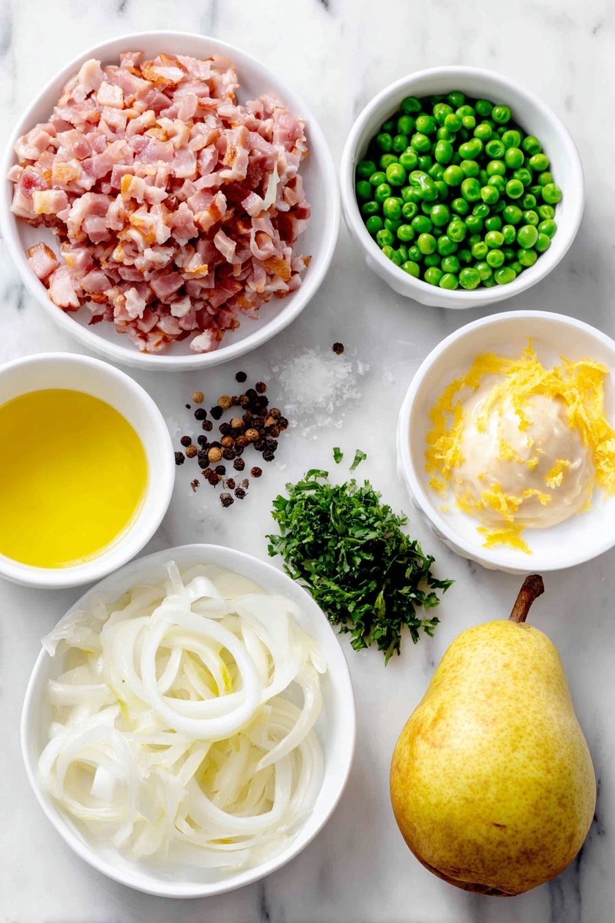 Flat lay of a small mound of diced pancetta, three halved and thinly sliced shallots arranged neatly, a small white ceramic bowl of bright green frozen peas, a fresh whole pear with smooth light yellow skin, a small white bowl of pale yellow lemon juice next to a few lemon zest curls, a small pile of roughly chopped vibrant green parsley, a few whole peppercorns scattered nearby, and a small white bowl of creamy Dijon mustard, all placed on a clean white marble surface, soft natural light, photo taken with an iPhone, professional food photography style, fresh ingredients, white ceramic bowls, no bottles, no duplicates, no utensils, no packaging --ar 2:3 --v 7 --p m7354615311229779997 - Pear and Pancetta Thanksgiving Peas, Thanksgiving side dish with pears and pancetta, holiday pea side dish, savory and sweet Thanksgiving vegetables, easy holiday side recipes