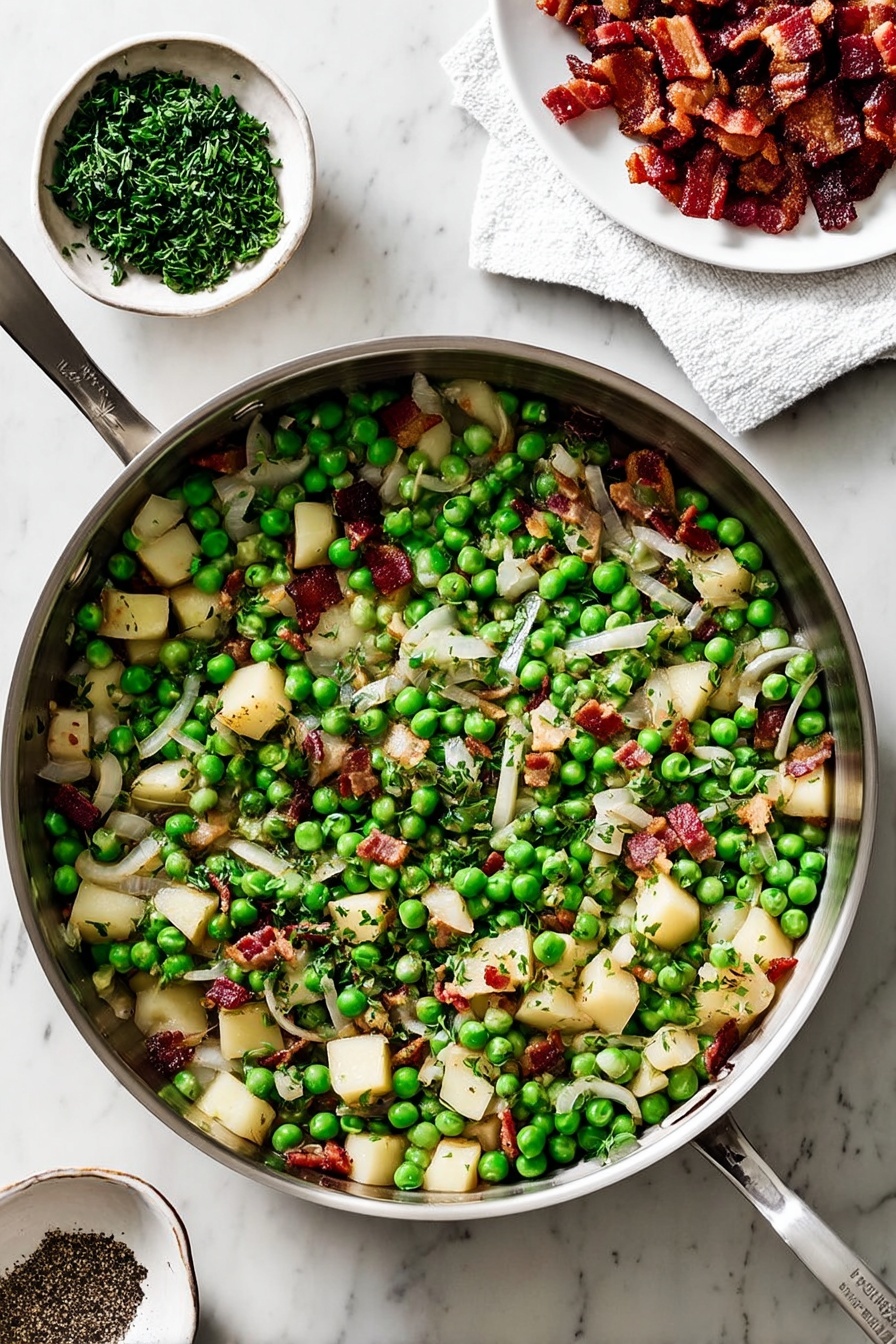 A metal pan filled with a colorful mix of bright green peas, small cubes of light beige potatoes, and thin pale strips of onions, all mixed with small pieces of browned bacon and chopped fresh dark green herbs. The pan is placed on a white marbled surface. To the top right, a white plate holds extra browned bacon pieces on a paper towel. At the bottom left, two small white dishes contain coarsely ground black pepper and more chopped fresh herbs. The scene is well-lit and shows texture clearly, photo taken with an iphone --ar 2:3 --v 7 - Pear and Pancetta Thanksgiving Peas, Thanksgiving side dish with pears and pancetta, holiday pea side dish, savory and sweet Thanksgiving vegetables, easy holiday side recipes