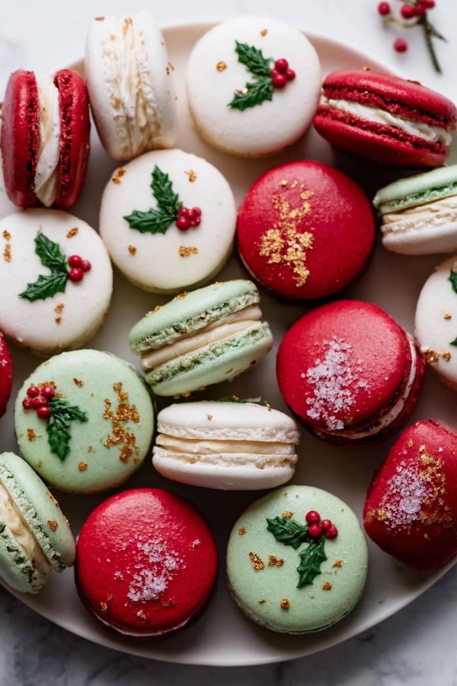 The image shows a white plate filled with colorful macarons arranged closely together on a white marbled surface. The macarons have three main colors: white with small green holly leaves and red berries on top, smooth red with a few sprinkled crumbs, and pale green with a rougher texture and some gold flakes. Some macarons are facing flat, displaying their round tops, while others show the side, revealing two smooth cookie layers sandwiching creamy filling. The overall look is festive, bright, and textured, with a mix of smooth and slightly rough surfaces. photo taken with an iphone --ar 2:3 --v 7 - Festive Christmas Macarons, Christmas Macarons with Buttercream, Holiday Macaroon Recipes, Christmas Dessert Ideas, Festive Holiday Treats