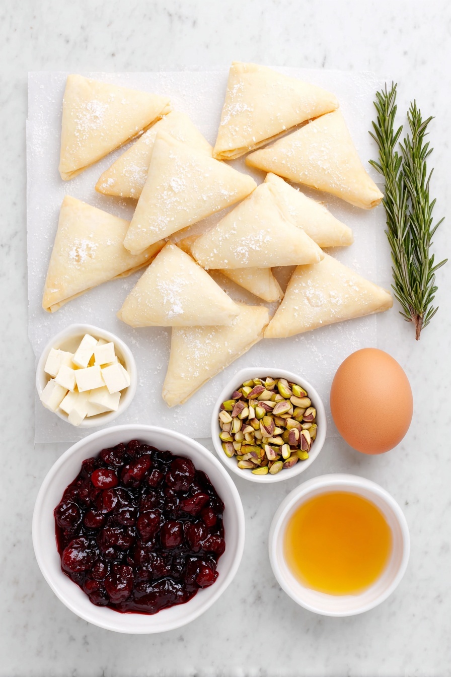 Flat lay of fresh crescent dough triangles arranged neatly, chunks of creamy brie cheese with white rind, a small white ceramic bowl filled with vibrant red cranberry sauce, a handful of shelled green pistachios, two fresh rosemary sprigs with needle-like leaves, one whole uncracked brown egg, a small white bowl with golden honey, and a pinch of coarse fleur de sel crystals scattered beside the bowls, all elements balanced symmetrically and placed on a clean white marble surface, soft natural light, photo taken with an iPhone, professional food photography style, fresh ingredients, white ceramic bowls, no bottles, no duplicates, no utensils, no packaging --ar 2:3 --v 7 --p m7354615311229779997 - Cranberry Brie Crescent Wreath, festive appetizer recipes, holiday party appetizers, easy cheese appetizer, cranberry brie puff pastry