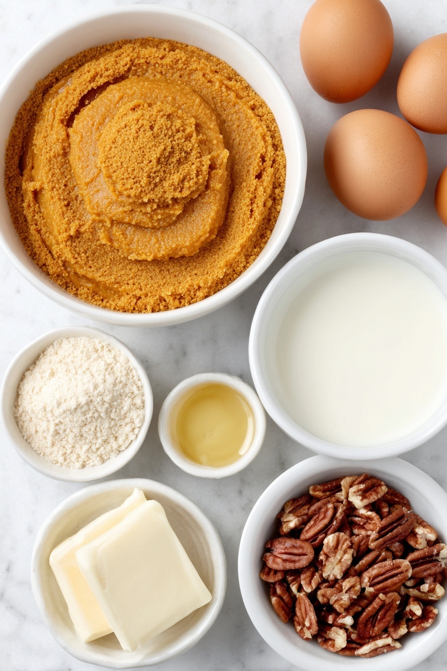 Flat lay of a small white ceramic bowl filled with bright orange pumpkin pie filling, a small white bowl of creamy evaporated milk, four whole brown eggs with clean shells, a simple white ceramic bowl holding an even layer of finely ground spice cake mix in warm beige tones, a small white bowl containing melted golden butter, and a small white bowl of roughly chopped pecans arranged neatly, all ingredients fresh and natural, placed on a clean white marble surface, soft natural light, photo taken with an iPhone, professional food photography style, fresh ingredients, white ceramic bowls, no bottles, no duplicates, no utensils, no packaging --ar 2:3 --v 7 --p m7354615311229779997 - Pumpkin Dump Cake with Pecans, easy pumpkin dessert, fall cake recipes, quick pumpkin cake, pecan dessert recipes