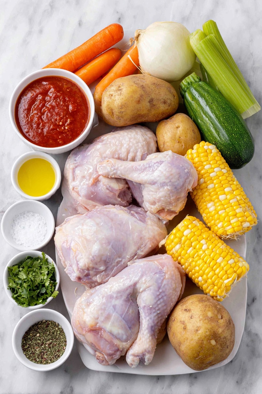 Flat lay of a small white ceramic bowl of golden olive oil, a quarter of a medium white onion roughly chopped, two bright green celery sticks chopped, four fresh large orange carrots whole, two whole uncracked garlic cloves, a small white ceramic bowl of vibrant red tomato sauce, two raw skinless boneless chicken breasts, two raw bone-in chicken legs with skin, two golden chicken bouillon cubes, a small white ceramic bowl of coarse kosher salt, a small white ceramic bowl of black peppercorns, a small white ceramic bowl of dried Mexican oregano, a small mound of freshly chopped bright green cilantro, one fresh corn on the cob sliced into five pieces showing yellow kernels, one whole chayote cut into cubes, two large russet potatoes cut into cubes with skin off, two medium zucchinis cut into cubes with rich green skin visible, a small white ceramic bowl with fresh lime juice, a small white ceramic bowl with red hot sauce, all arranged symmetrically with realistic proportions on a clean white marble surface, soft natural light, photo taken with an iPhone, professional food photography style, fresh ingredients, white ceramic bowls, no bottles, no duplicates, no utensils, no packaging --ar 2:3 --v 7 --p m7354615311229779997 - Caldo de Pollo Chicken Soup, Mexican Chicken Soup, Homemade Chicken Soup, Traditional Mexican Broth, Comforting Chicken Soup