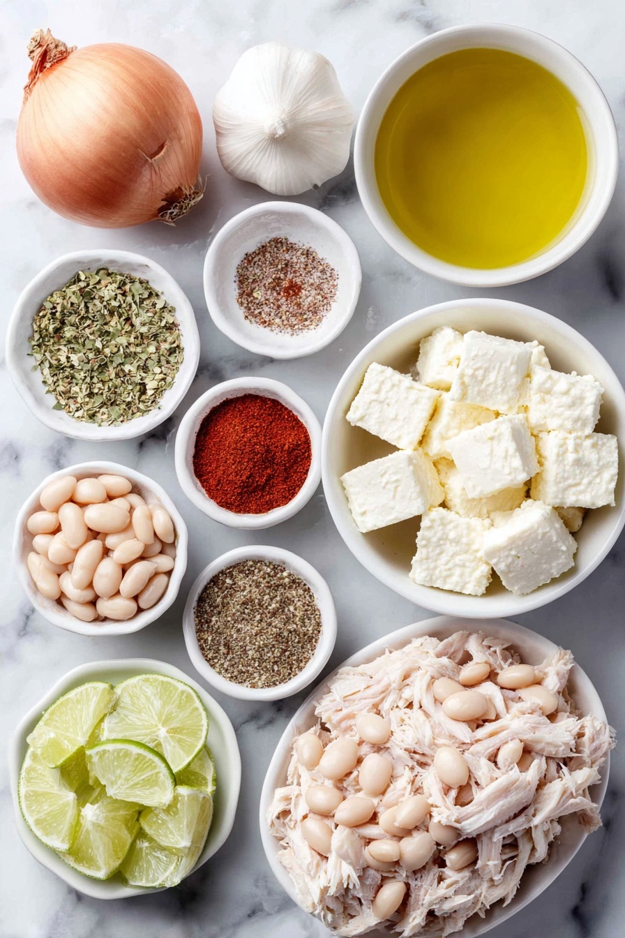Flat lay of a small yellow onion whole with a few diced pieces nearby, two whole uncracked garlic cloves, a small white bowl of golden olive oil, a pile of shredded cooked rotisserie chicken, a small white bowl of diced green chilies, scattered dried cumin seeds beside small white bowls containing paprika, dried oregano, ground coriander, and cayenne pepper powders, a small white bowl of low-sodium chicken broth, a handful of fresh corn kernels, a small white bowl of canned cannellini beans, small cubes of fresh Neufchatel cheese on a simple white ceramic plate, a small wedge of fresh lime with a few lime wedges, and a small bunch of fresh cilantro sprigs placed symmetrically, all arranged on a clean white marble surface, soft natural light, photo taken with an iPhone, professional food photography style, fresh ingredients, white ceramic bowls, no bottles, no duplicates, no utensils, no packaging --ar 2:3 --v 7 --p m7354615311229779997 - Creamy White Chicken Chili, White Chicken Chili, Chicken Chili recipes, Easy White Chicken Chili, Hearty chicken soup