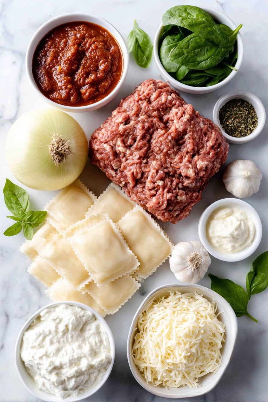 Flat lay of a small mound of fresh lean ground beef, a small mound of fresh Italian sausage, a whole yellow onion with natural texture, three whole garlic cloves unpeeled, a small white bowl of rich red tomato paste, a small white bowl of chunky homemade marinara sauce, a few fresh green parsley sprigs, dried oregano and dried basil herbs loosely scattered, a small white bowl of low sodium chicken broth, several broken pieces of fresh wide lasagna noodles, a handful of fresh bright green spinach leaves, a small white bowl of creamy ricotta cheese, a small white bowl of shredded mozzarella cheese, a small white bowl of finely grated parmesan cheese, and a few fresh basil leaves arranged symmetrically, all placed on a clean white marble surface, soft natural light, photo taken with an iPhone, professional food photography style, fresh ingredients, white ceramic bowls, no bottles, no duplicates, no utensils, no packaging --ar 2:3 --v 7 --p m7354615311229779997 - Lasagna Soup with Cheesy Dollops, lasagna soup recipe, comfort food dinner, quick hearty soup, cheesy lasagna soup