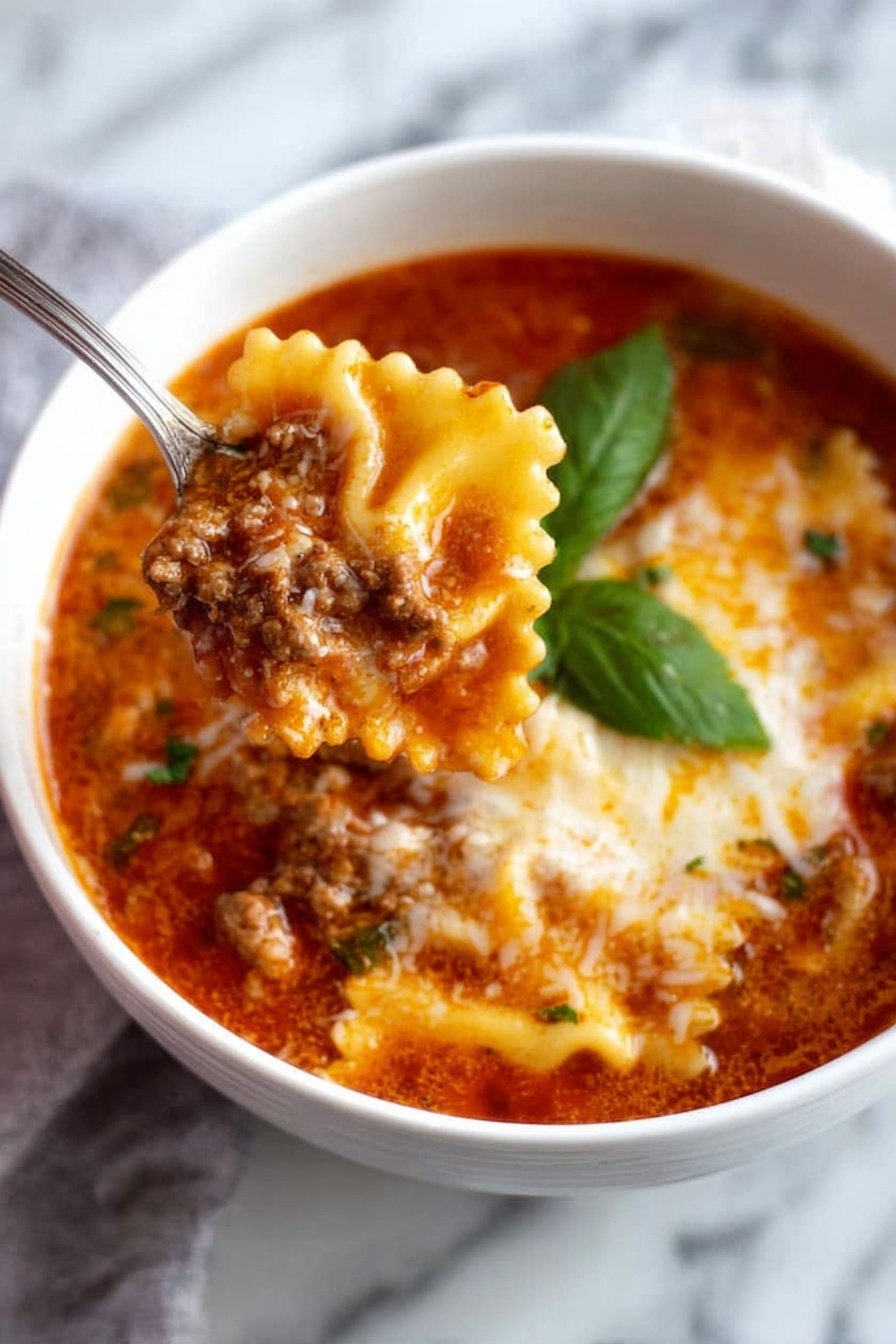 A white bowl filled with a thick, reddish-brown lasagna soup with visible ground meat and melted cheese on top. There are ruffled-edge pasta pieces partially submerged in the soup, one of which is being held above the bowl by a silver spoon showing layers of sauce, meat, and cheese. A fresh green basil leaf rests on the surface of the soup. The bowl sits on a white marbled surface. Photo taken with an iphone --ar 2:3 --v 7 - Lasagna Soup with Cheesy Dollops, lasagna soup recipe, comfort food dinner, quick hearty soup, cheesy lasagna soup