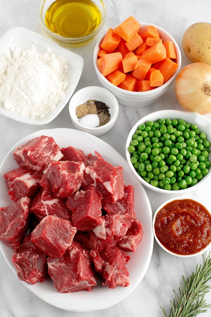 Flat lay of fresh cubed stewing beef, a small mound of all-purpose flour on a white ceramic plate, a small white bowl with garlic powder, a small white bowl with salt, a small white bowl with black pepper, a small white bowl of golden olive oil, a whole uncracked brown onion, peeled and cubed potatoes, bright orange carrot pieces, crisp celery ribs cut into chunks, a small white bowl with rich red tomato paste, a single fresh sprig of rosemary, a small white bowl of white cornstarch, a small white bowl of clear water, and fresh green peas arranged neatly on simple white ceramic dishes, all placed on a clean white marble surface, soft natural light, photo taken with an iPhone, professional food photography style, fresh ingredients, white ceramic bowls, no bottles, no duplicates, no utensils, no packaging --ar 2:3 --v 7 --p m7354615311229779997 - Hearty Beef Stew, best beef stew recipes, easy beef stew, comforting beef stew, tender beef stew