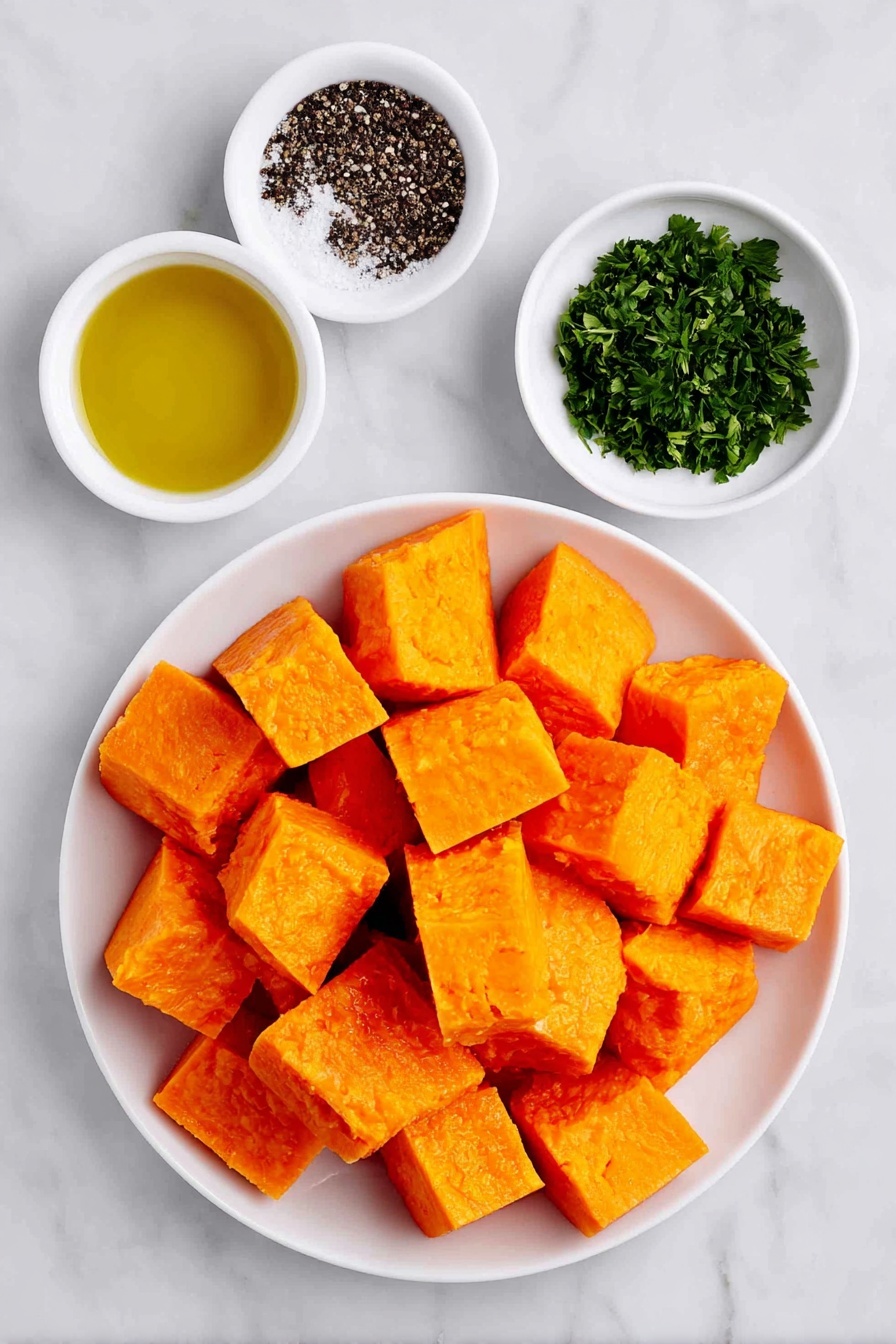 Flat lay of a small pile of bright orange butternut squash cubes, a few fresh green sprigs of chopped parsley, a small white ceramic bowl filled with golden extra-virgin olive oil, a small white ceramic bowl containing coarse sea salt, and a small white ceramic bowl with freshly ground black peppercorns, all arranged in perfect symmetry and balanced proportions, placed on a clean white marble surface, soft natural light, photo taken with an iPhone, professional food photography style, fresh ingredients, white ceramic bowls, no bottles, no duplicates, no utensils, no packaging --ar 2:3 --v 7 --p m7354615311229779997 - Roasted Butternut Squash, how to roast butternut squash, roasted butternut squash side dish, easy butternut squash recipe, healthy roasted squash