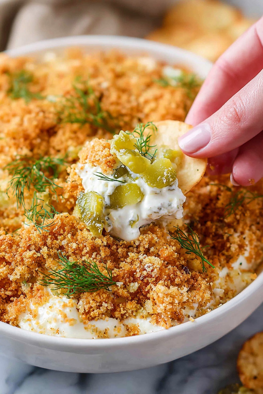 A close-up of a white bowl filled with a crumbly textured dish that has a golden brown color. The dish is topped with small bright green dill leaves and diced pale green pickles scattered throughout. A woman's hand is holding a chip dipped in a creamy, white layer beneath the crumbs, showing a smooth and soft texture with dill mixed in. The bowl is set on a white marbled surface. photo taken with an iphone --ar 2:3 --v 7 - Fried Pickle Dip, easy fried pickle dip, creamy pickle appetizer, crunchy pickle dip, crowd-pleasing dip recipes